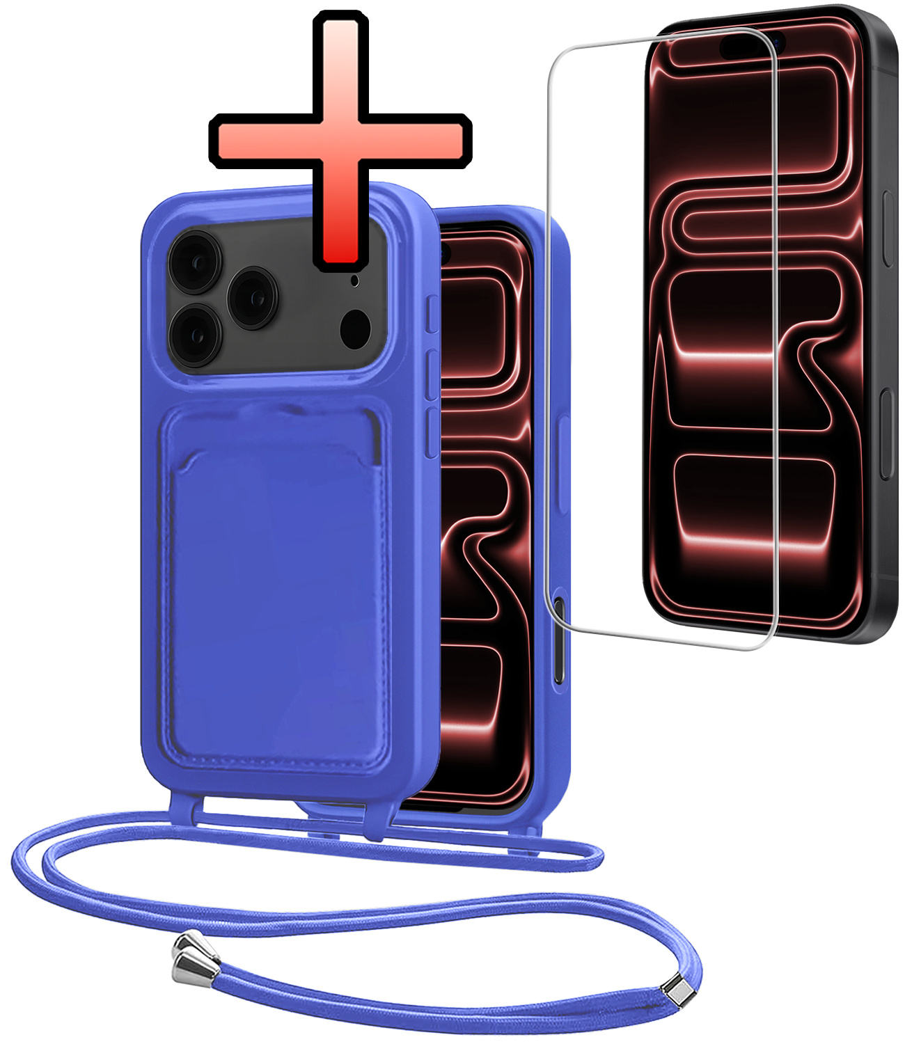 NoXx NoXx iPhone 17 Pro Max Hoesje Pashouder met Koord Met Screenprotector - Fel Blauw