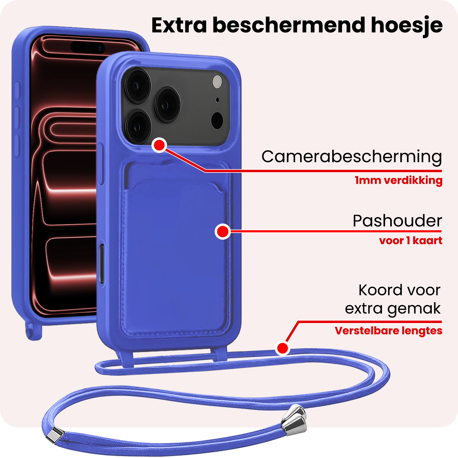 NoXx NoXx iPhone 17 Pro Max Hoesje Pashouder met Koord Met Screenprotector - Fel Blauw