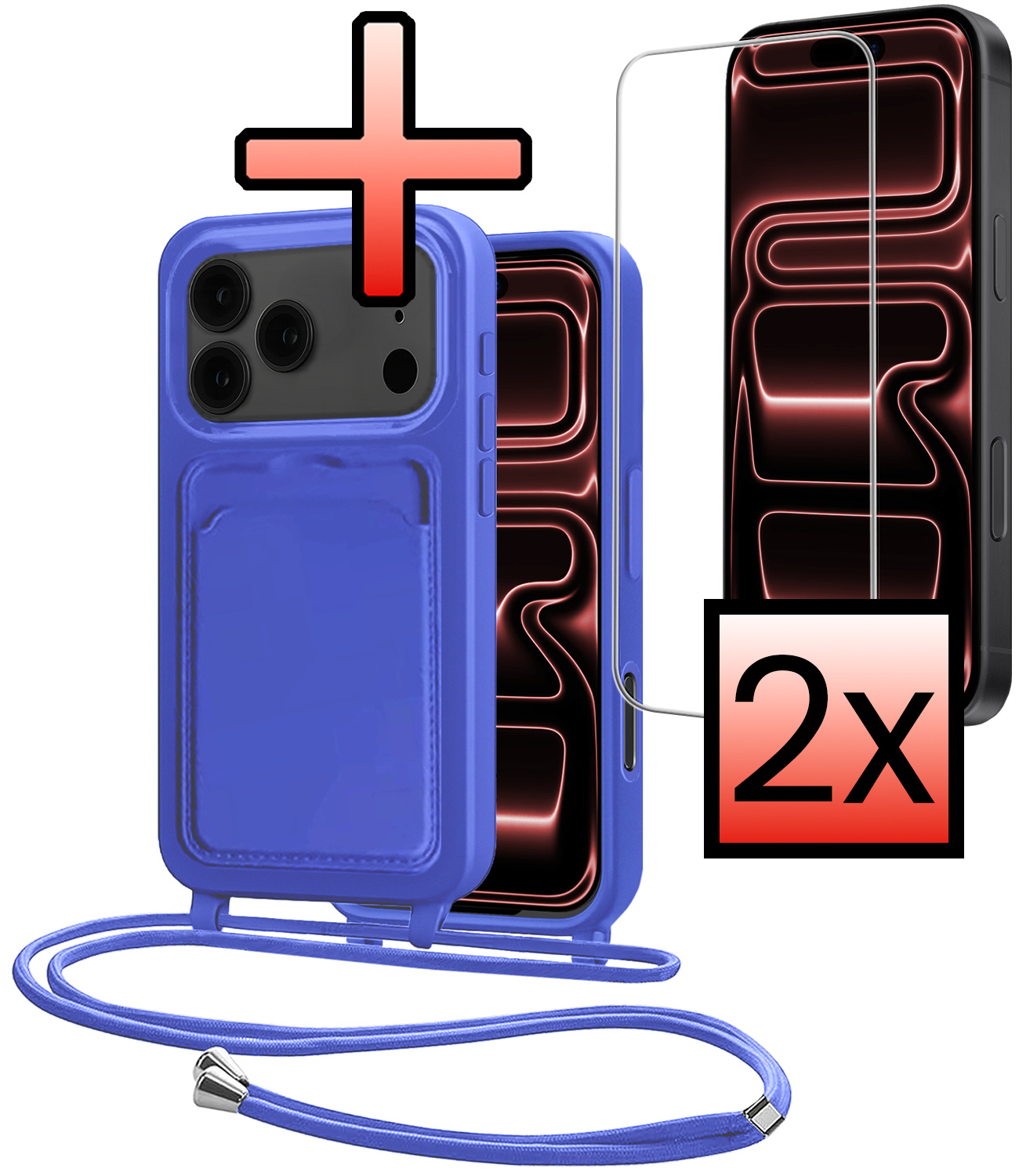 NoXx NoXx iPhone 17 Pro Max Hoesje Pashouder met Koord Met 2x Screenprotector - Fel Blauw