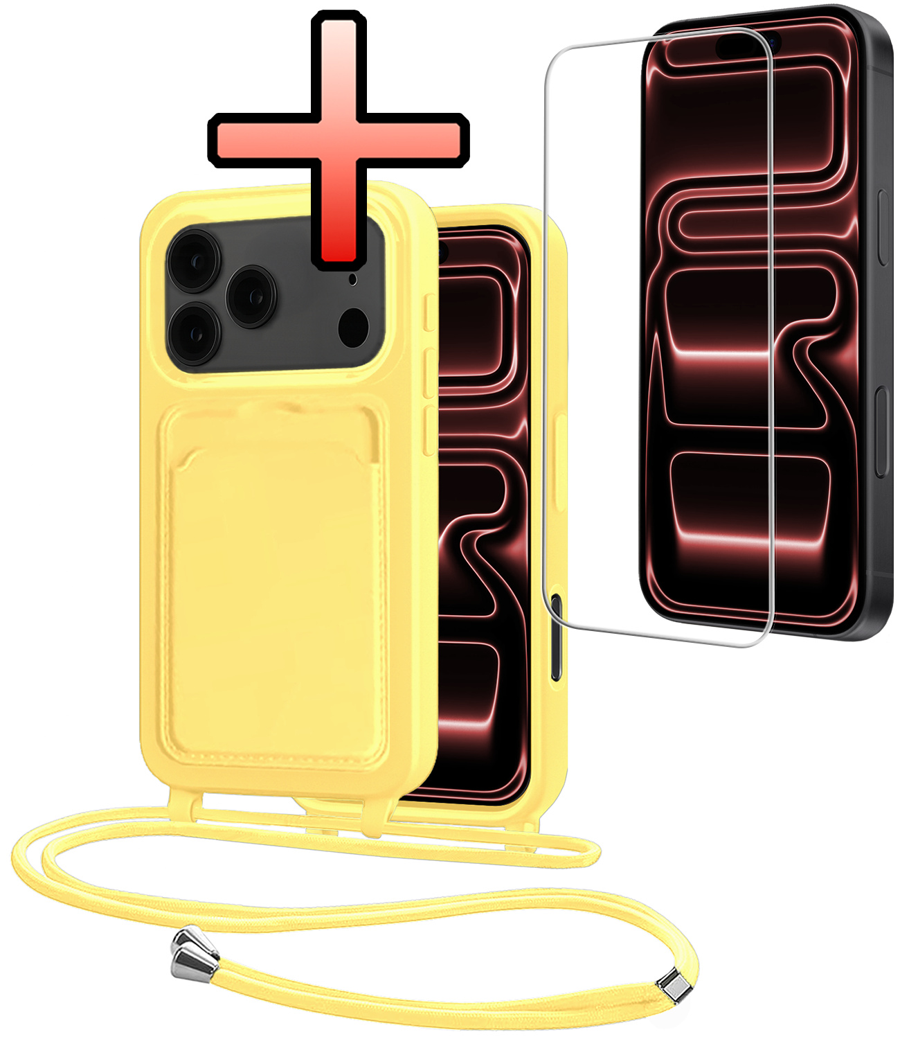 NoXx NoXx iPhone 17 Pro Max Hoesje Pashouder met Koord Met Screenprotector - Geel