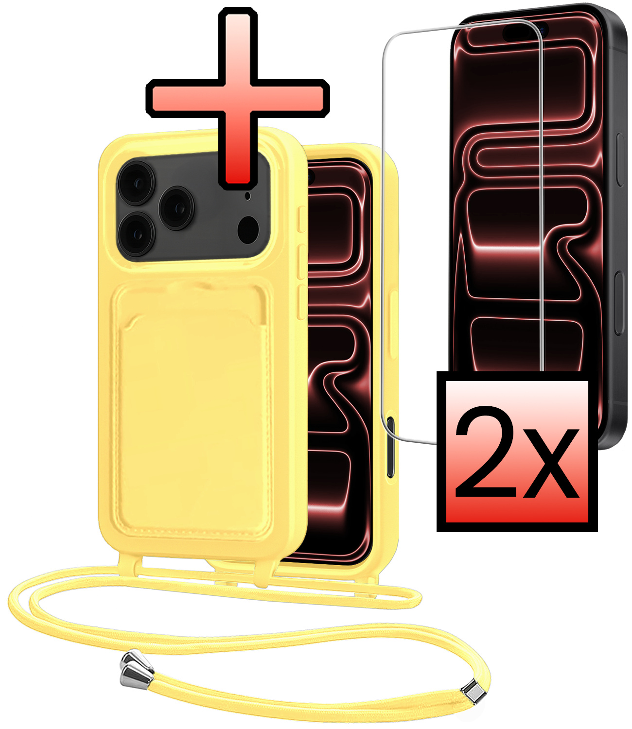 NoXx NoXx iPhone 17 Pro Max Hoesje Pashouder met Koord Met 2x Screenprotector - Geel