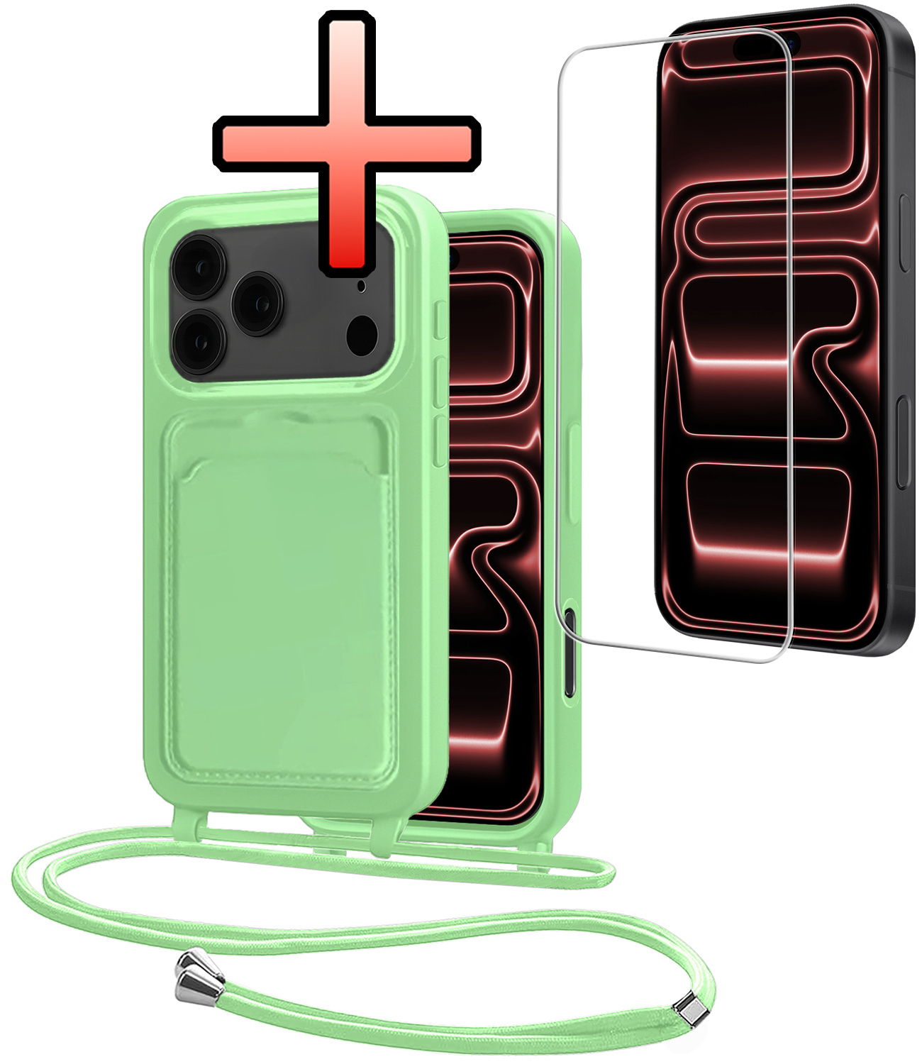 NoXx NoXx iPhone 17 Pro Max Hoesje Pashouder met Koord Met Screenprotector - Groen