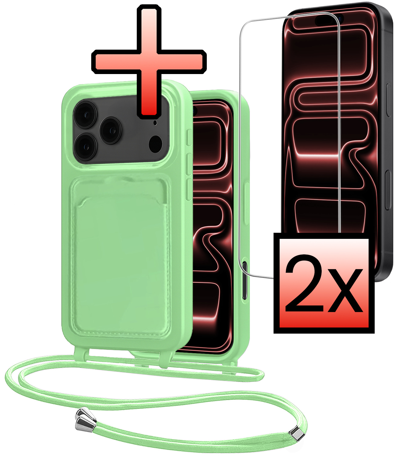 NoXx NoXx iPhone 17 Pro Max Hoesje Pashouder met Koord Met 2x Screenprotector - Groen