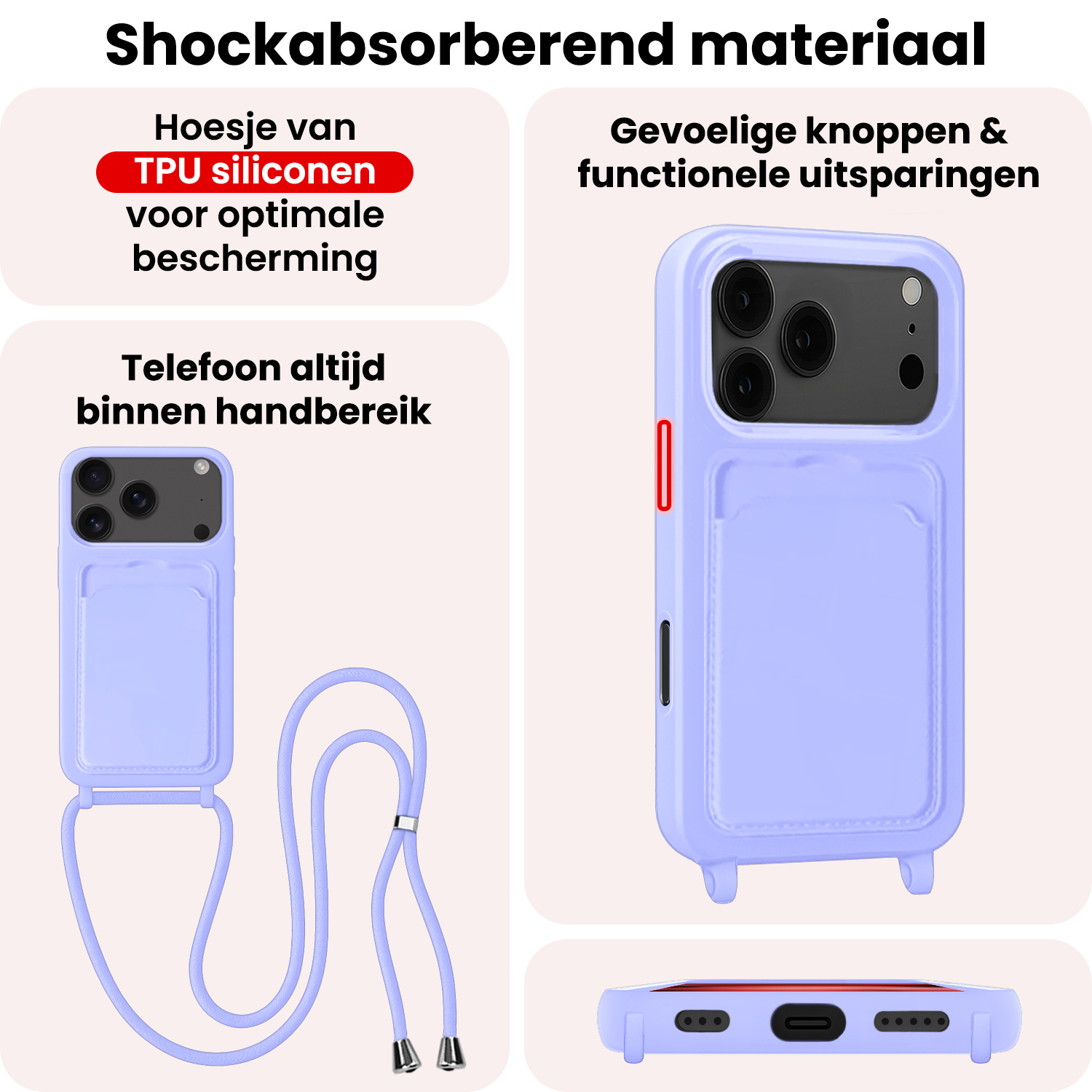 NoXx NoXx iPhone 17 Pro Max Hoesje Pashouder met Koord - Lila - 2 PACK