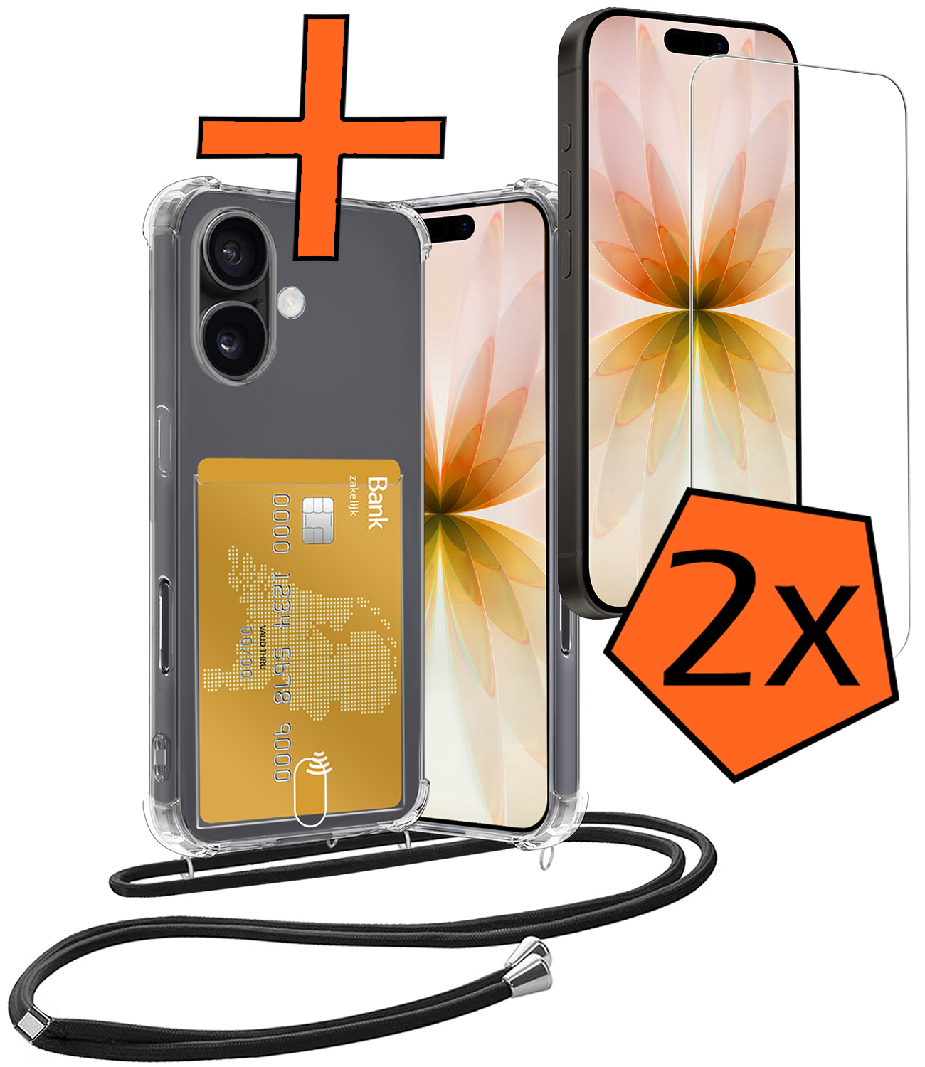 Nomfy Nomfy iPhone 17 Hoesje Pashouder met Koord Met 2x Screenprotector