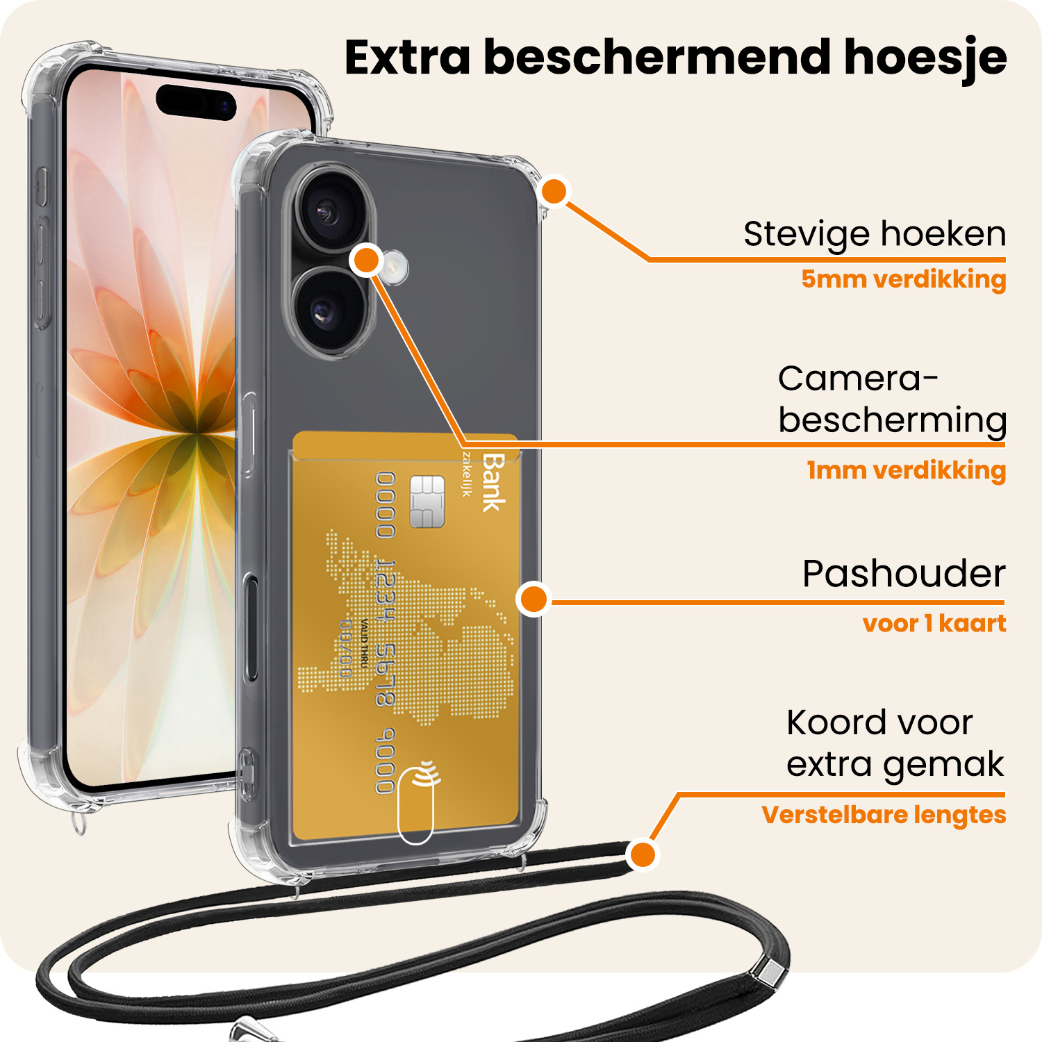 Nomfy Nomfy iPhone 17 Hoesje Pashouder met Koord Met 2x Screenprotector