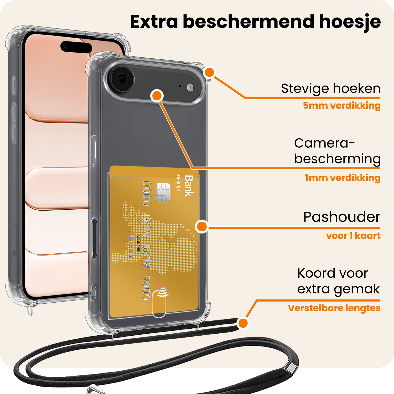 Nomfy Nomfy iPhone Air Hoesje Pashouder met Koord
