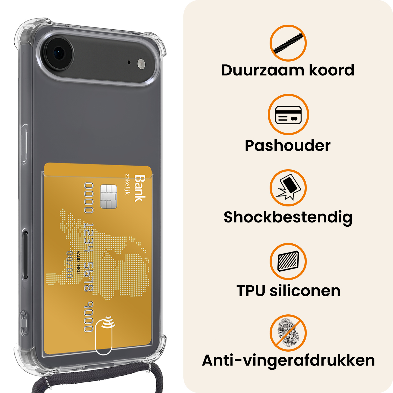 Nomfy Nomfy iPhone Air Hoesje Pashouder met Koord Met Screenprotector