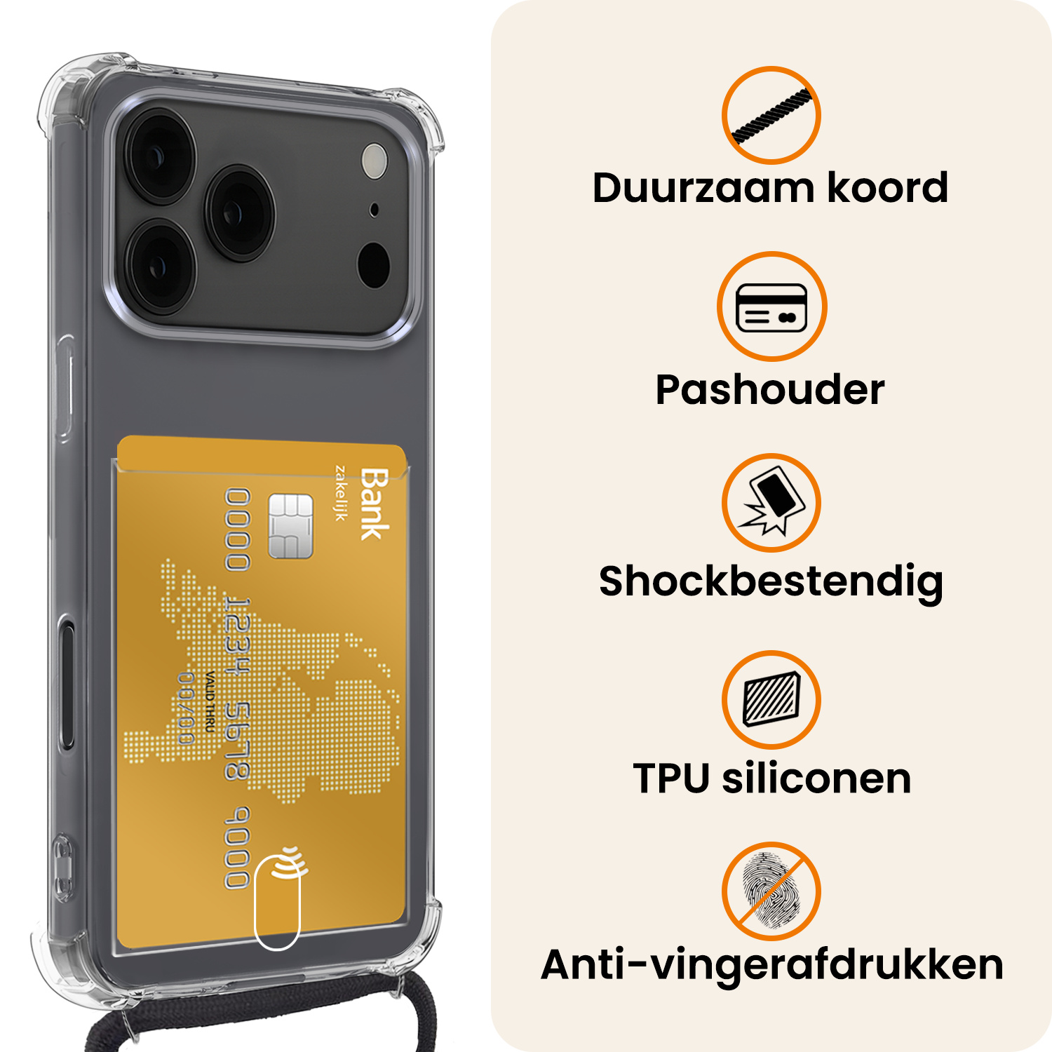 Nomfy Nomfy iPhone 17 Pro Hoesje Pashouder met Koord - 2 PACK