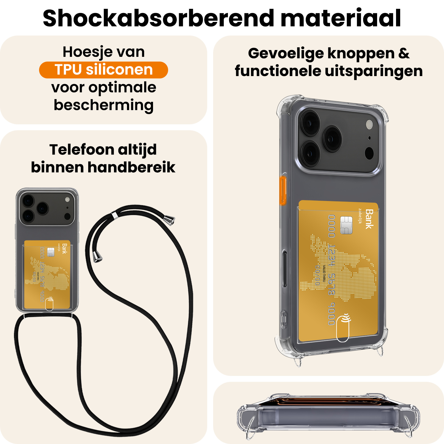 Nomfy Nomfy iPhone 17 Pro Hoesje Pashouder met Koord - 2 PACK