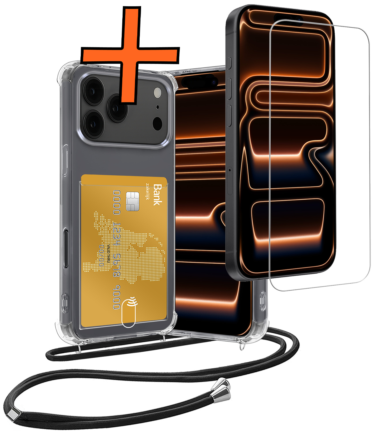 Nomfy Nomfy iPhone 17 Pro Max Hoesje Pashouder met Koord Met Screenprotector