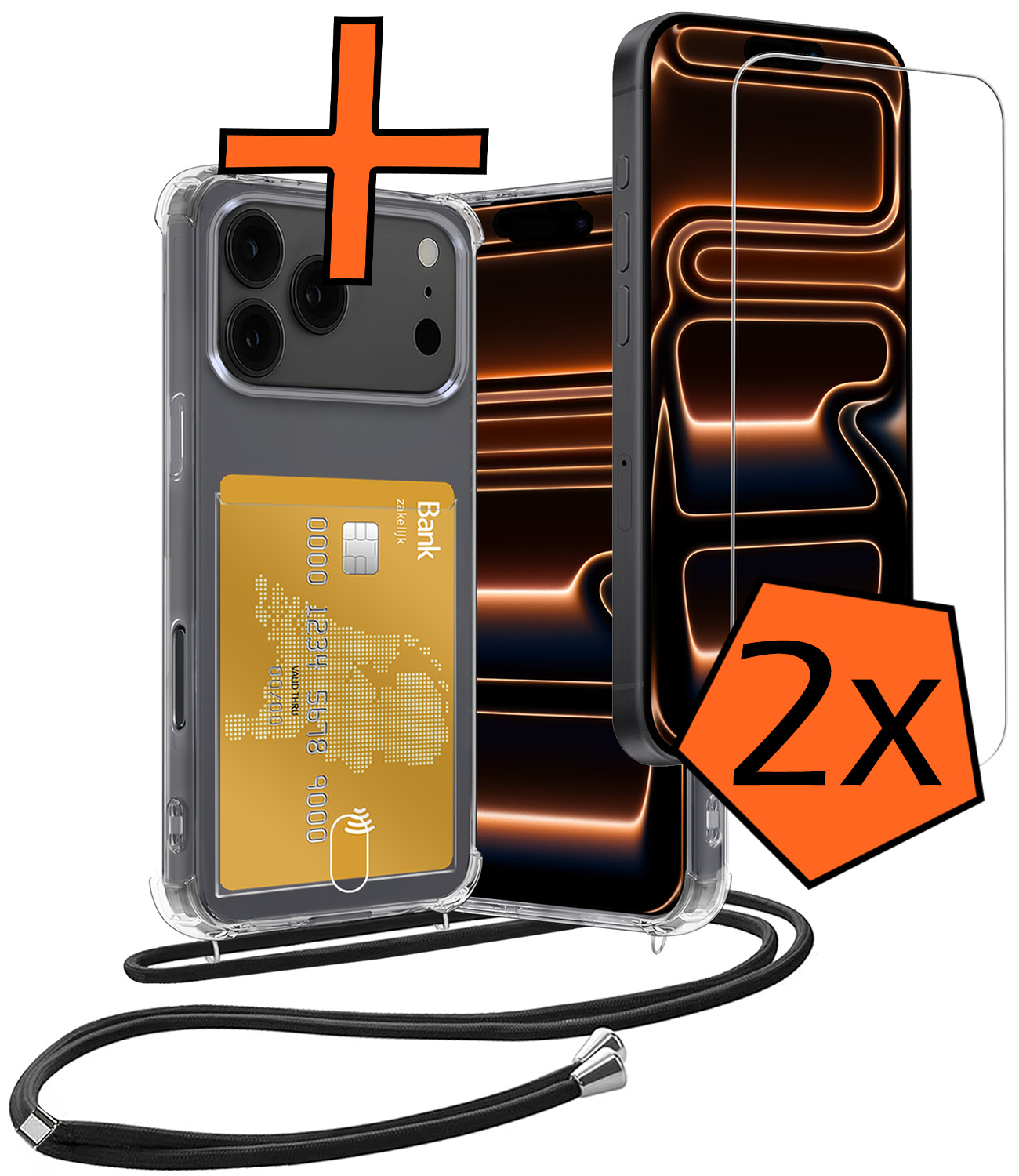 Nomfy Nomfy iPhone 17 Pro Max Hoesje Pashouder met Koord Met 2x Screenprotector