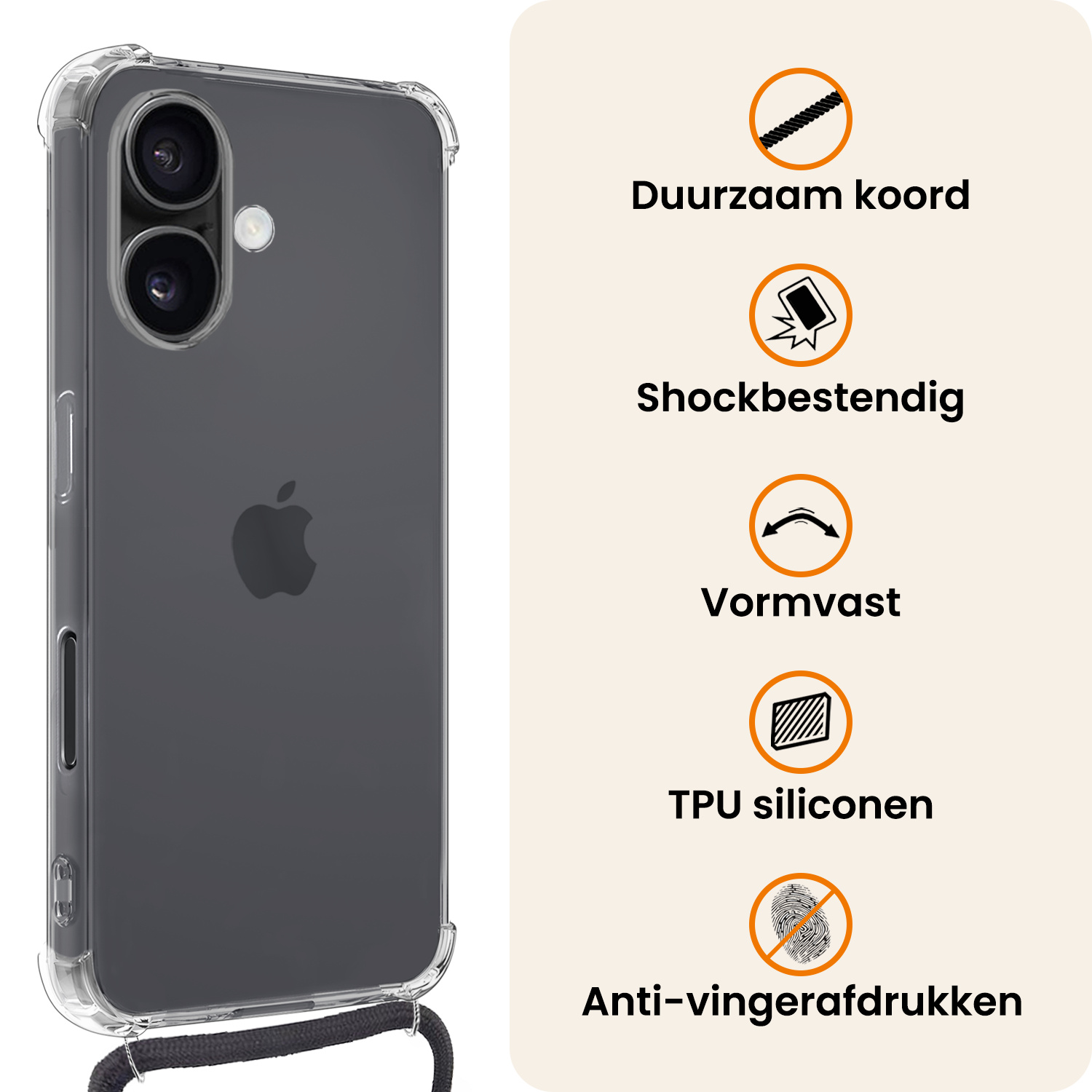 Nomfy Nomfy iPhone 17 Hoesje Transparant Shockproof Met Zwart Koord