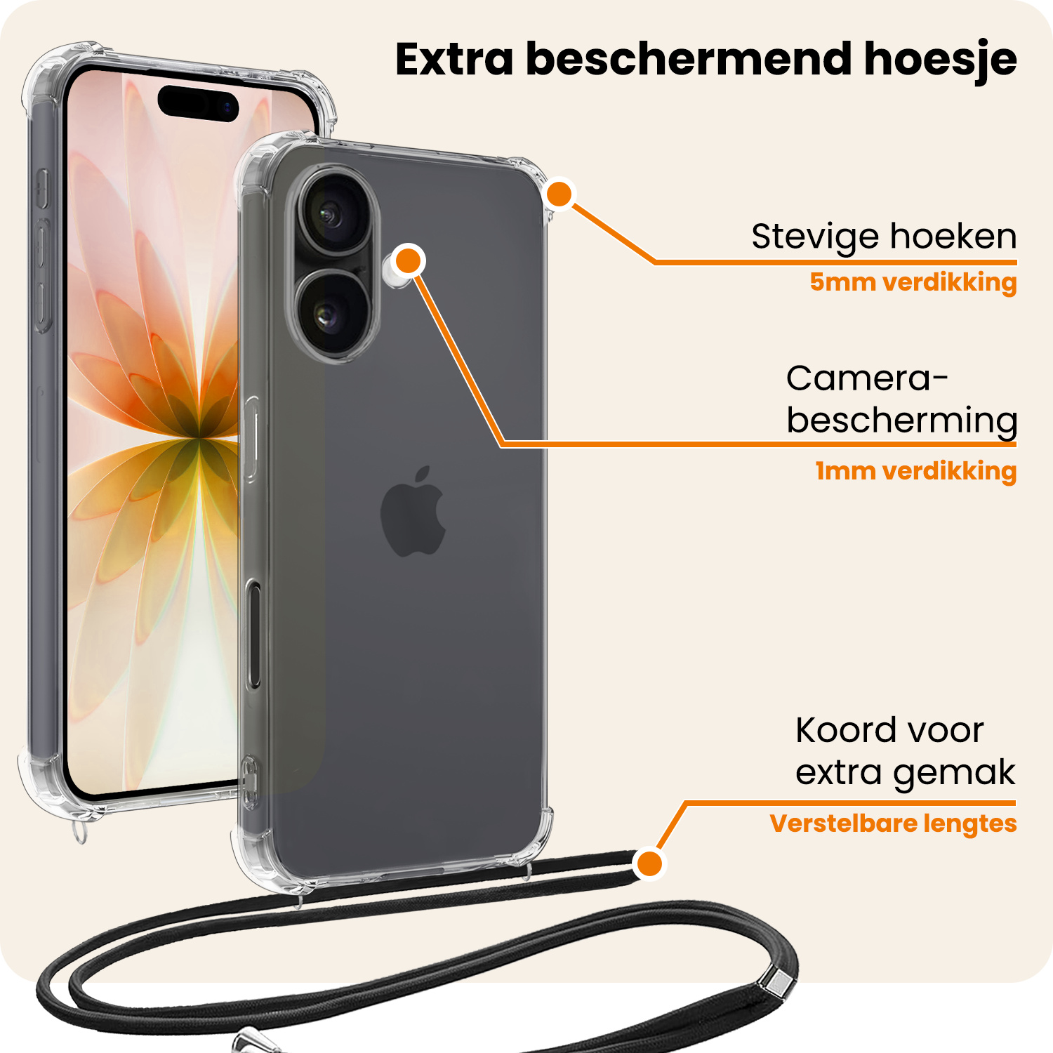 Nomfy Nomfy iPhone 17 Hoesje Transparant Shockproof Met Zwart Koord