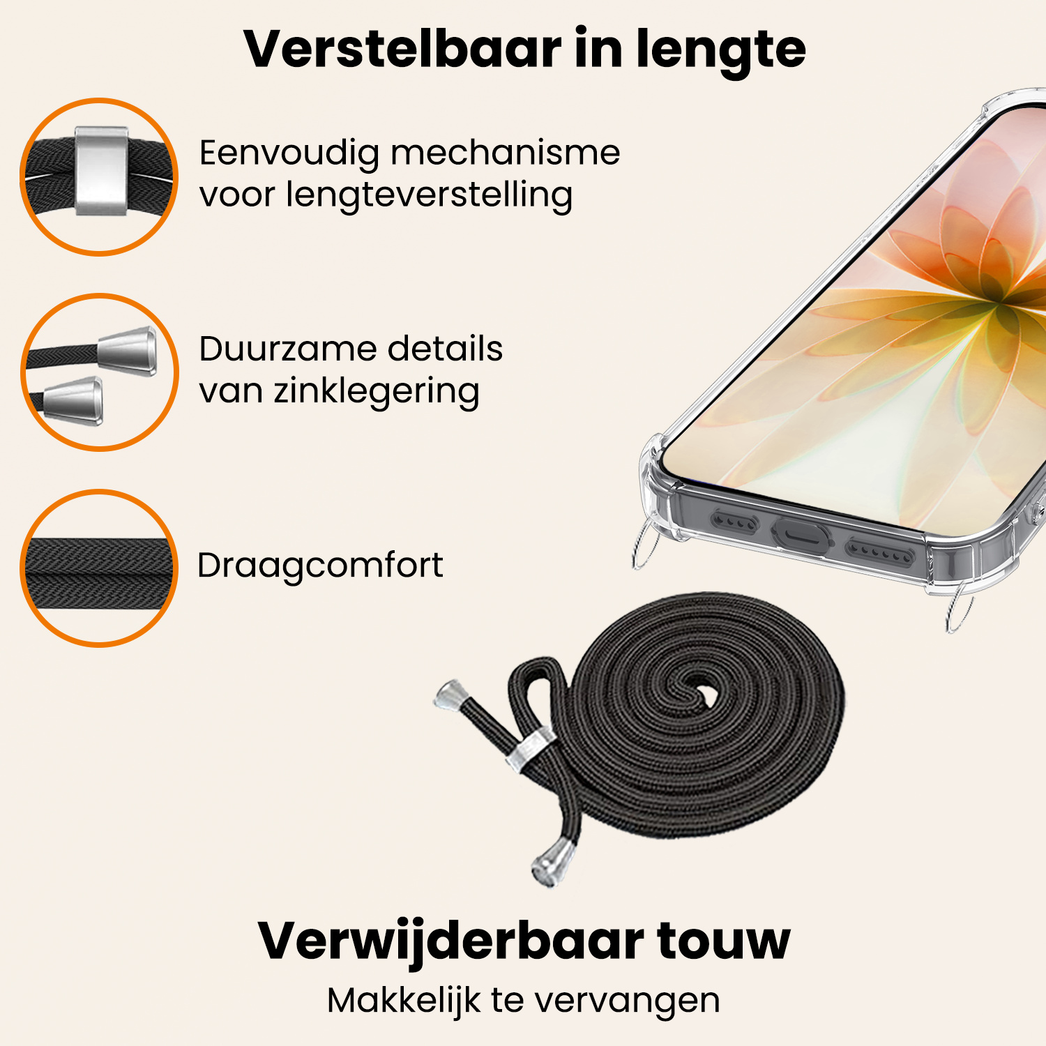 Nomfy Nomfy iPhone 17 Hoesje Transparant Shockproof Met Zwart Koord