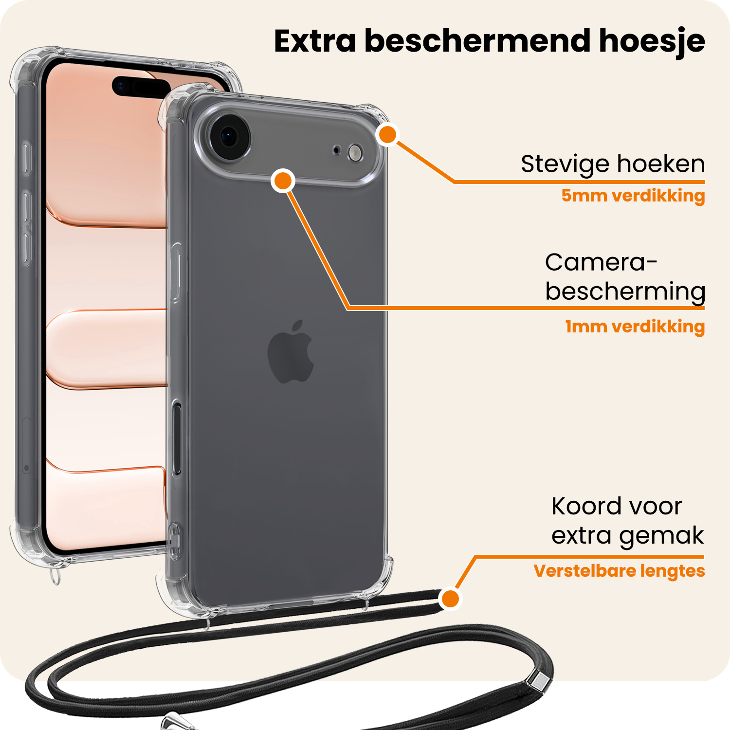 Nomfy Nomfy iPhone Air Hoesje Transparant Shockproof Met Zwart Koord
