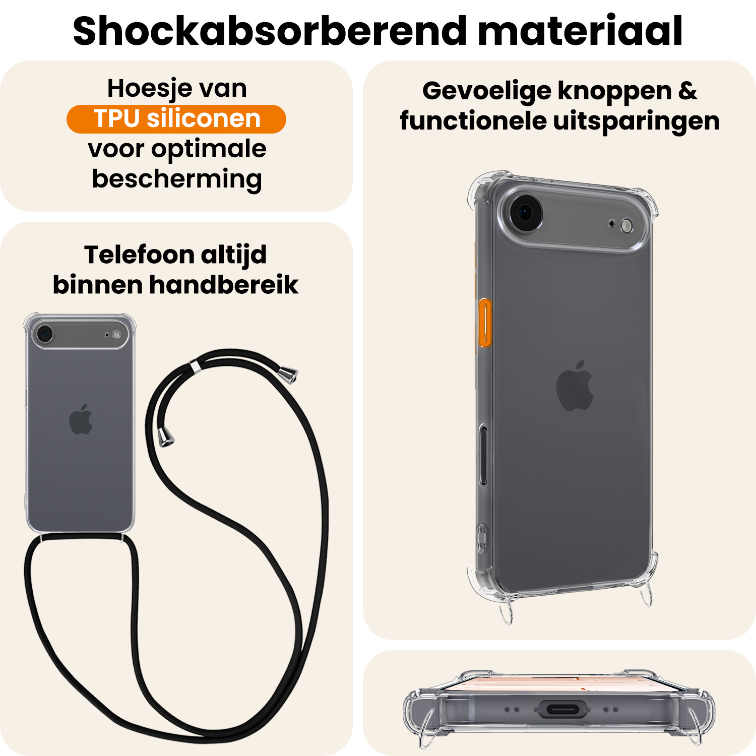 Nomfy Nomfy iPhone Air Hoesje Transparant Shockproof Met Zwart Koord
