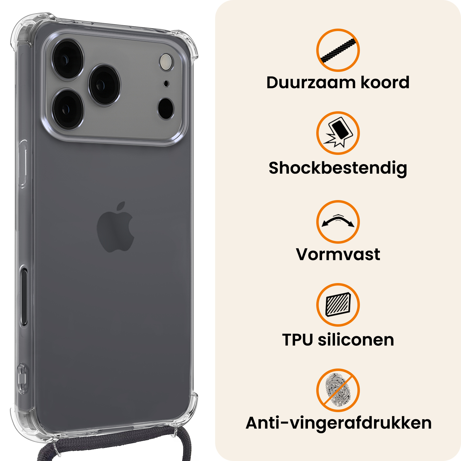 Nomfy Nomfy iPhone 17 Pro Max Hoesje Transparant Shockproof Met Zwart Koord