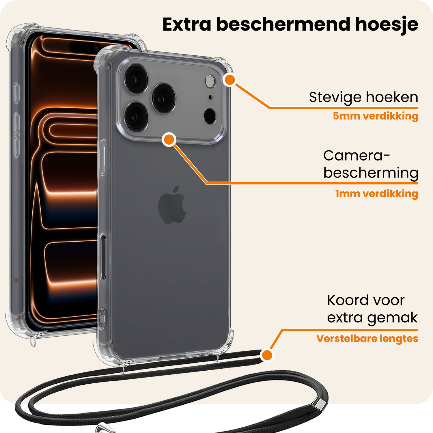 Nomfy Nomfy iPhone 17 Pro Max Hoesje Transparant Shockproof Met Zwart Koord
