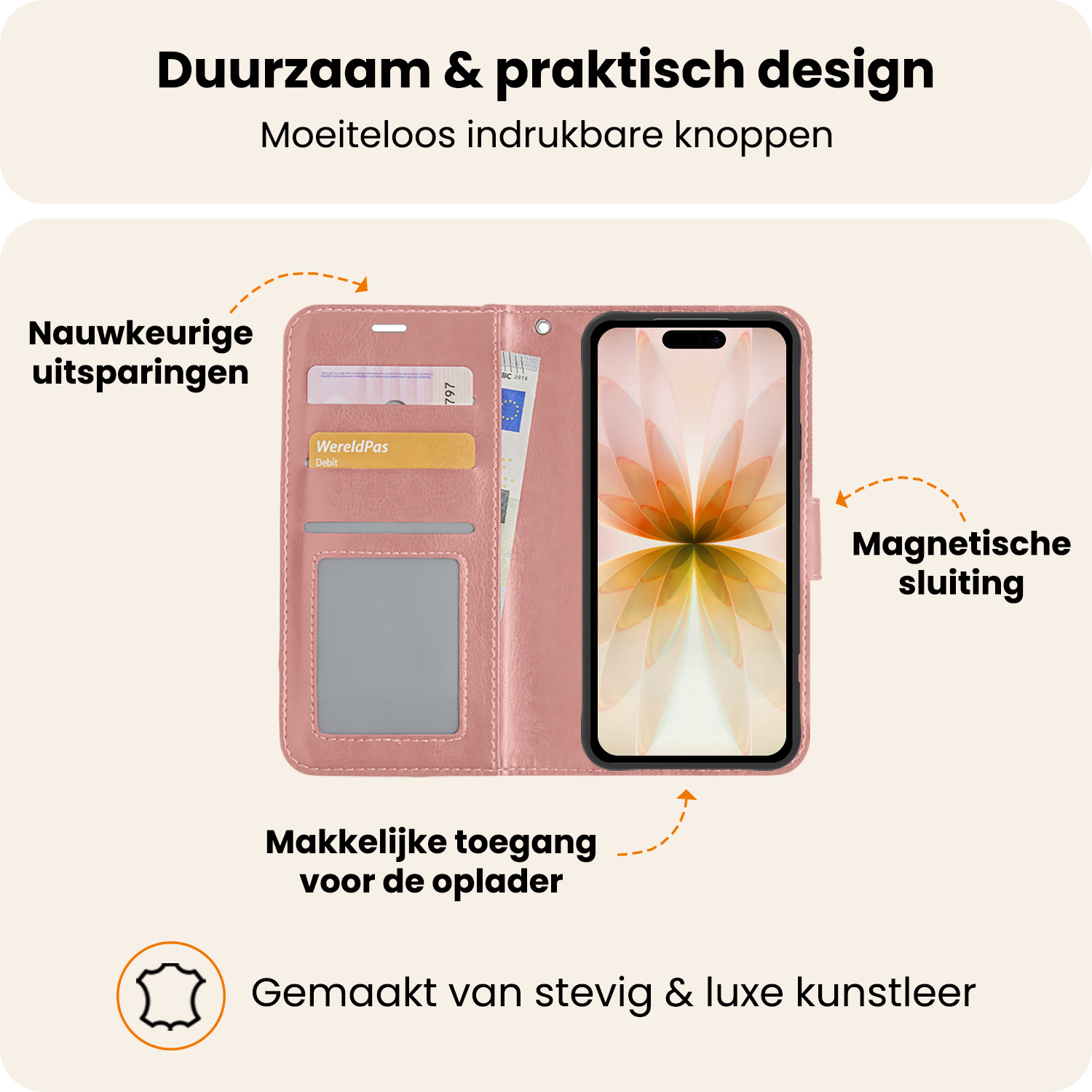 Nomfy Nomfy iPhone 17 Hoesje Bookcase Met 2x Screenprotector - Rose Goud