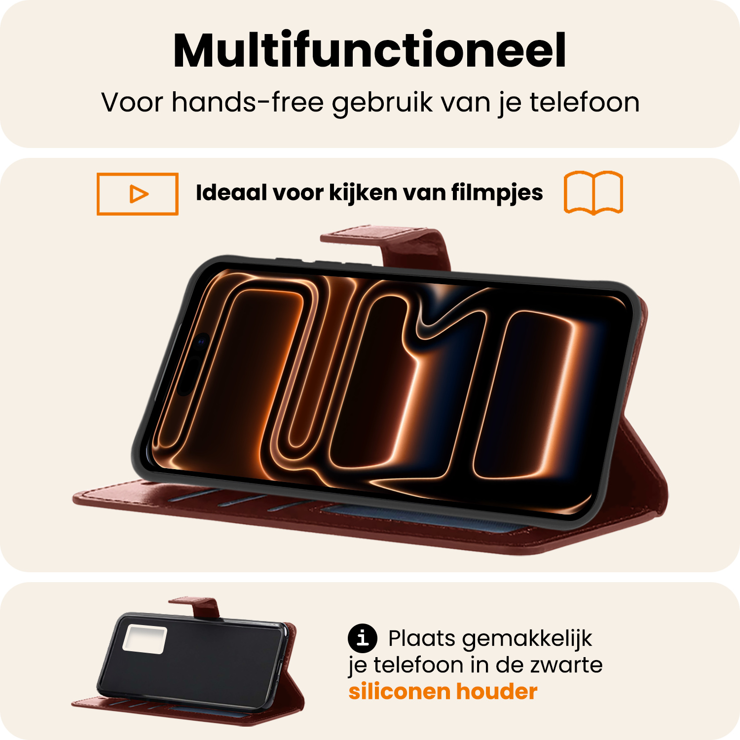 Nomfy Nomfy iPhone 17 Pro Hoesje Bookcase Met 2x Screenprotector - Bruin