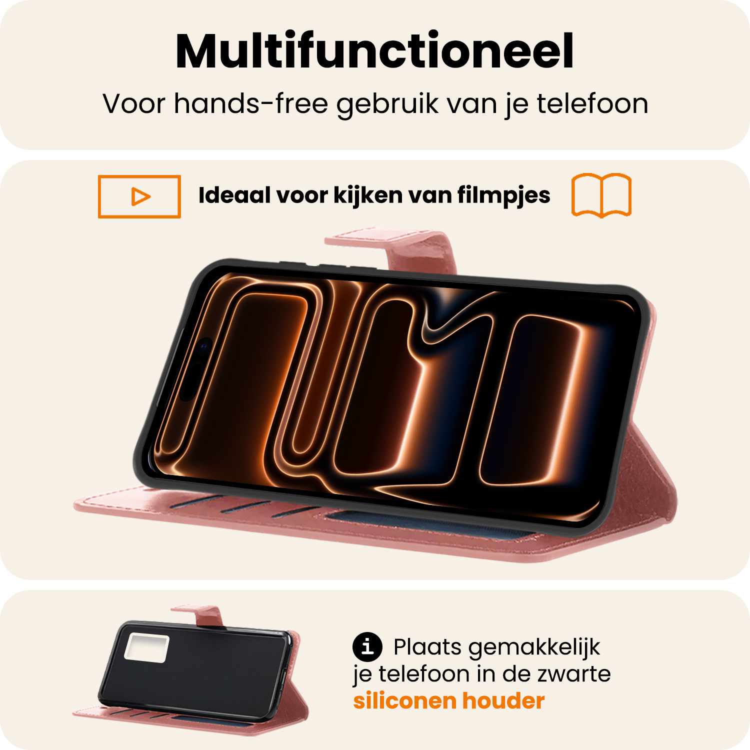 Nomfy Nomfy iPhone 17 Pro Hoesje Bookcase Met 2x Screenprotector - Rose Goud