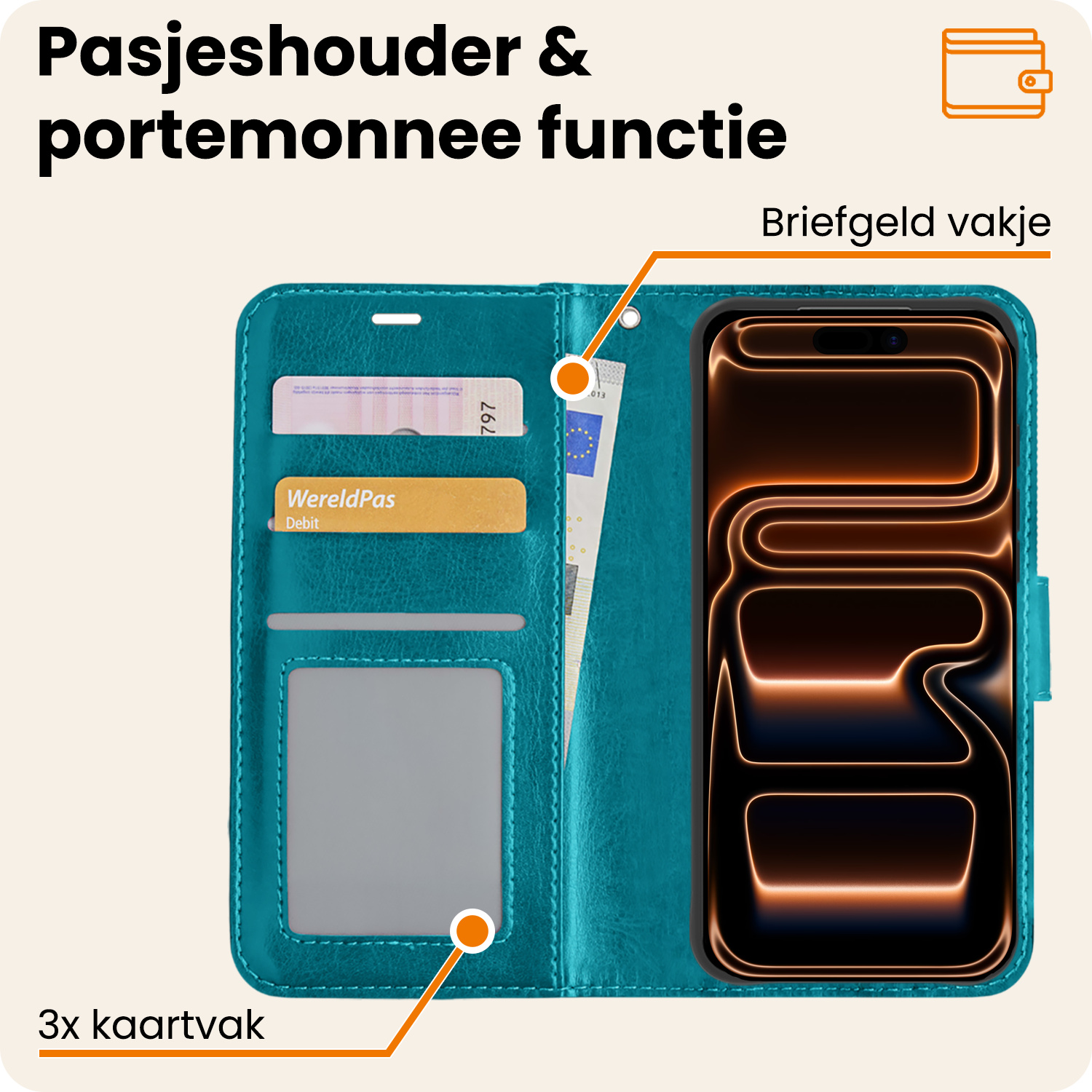 Nomfy Nomfy iPhone 17 Pro Hoesje Bookcase Met 2x Screenprotector - Turquoise