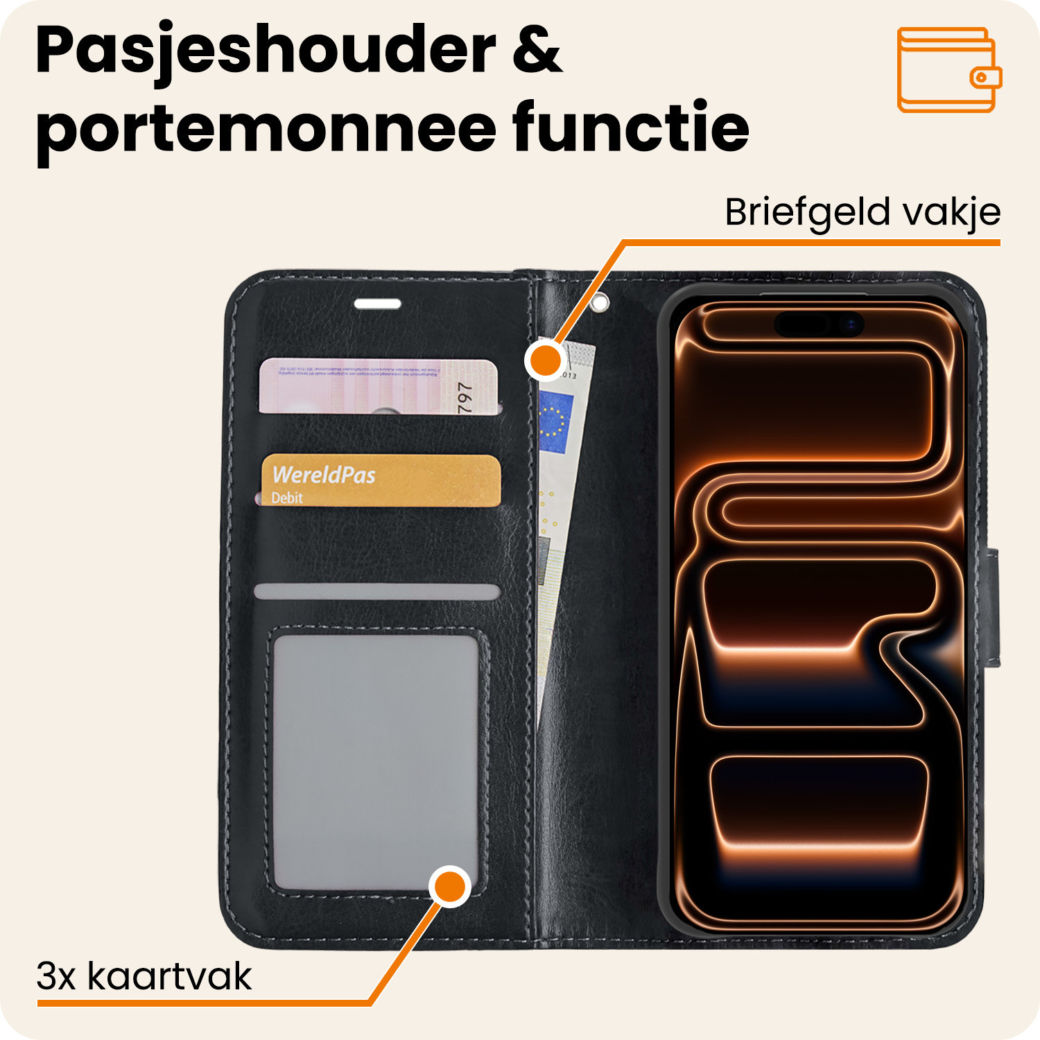 Nomfy Nomfy iPhone 17 Pro Max Hoesje Bookcase Met Screenprotector - Zwart