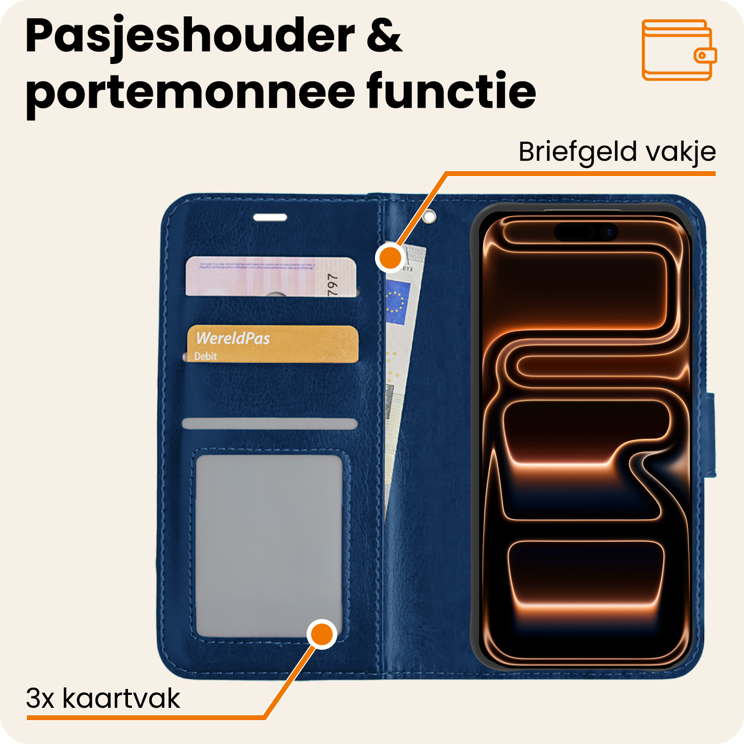 Nomfy Nomfy iPhone 17 Pro Max Hoesje Bookcase Met 2x Screenprotector - Donkerblauw
