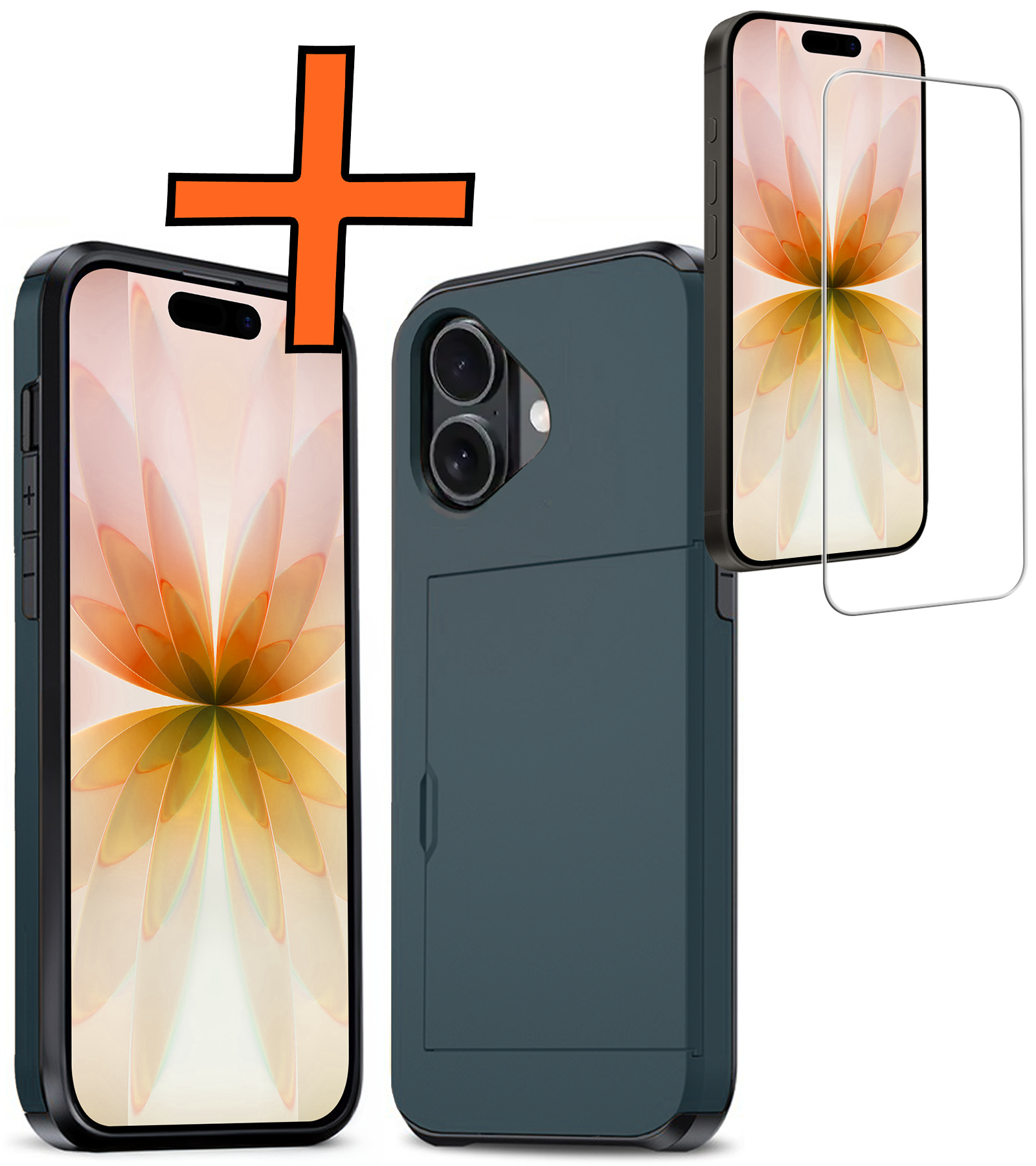 Nomfy Nomfy iPhone 17 Hoesje Pashouder Hard Met Screenprotector - Donker Blauw