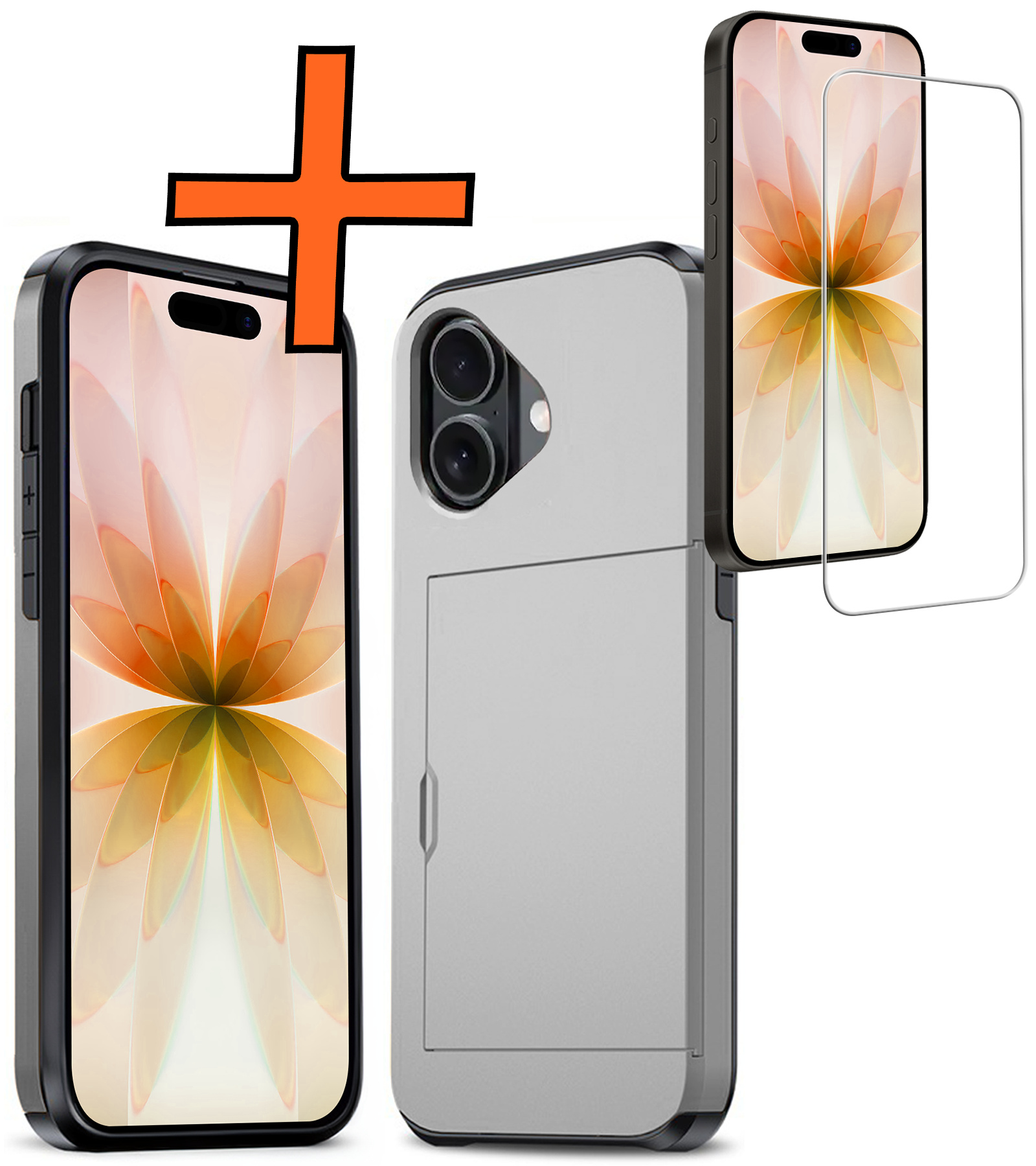 Nomfy Nomfy iPhone 17 Hoesje Pashouder Hard Met Screenprotector - Grijs