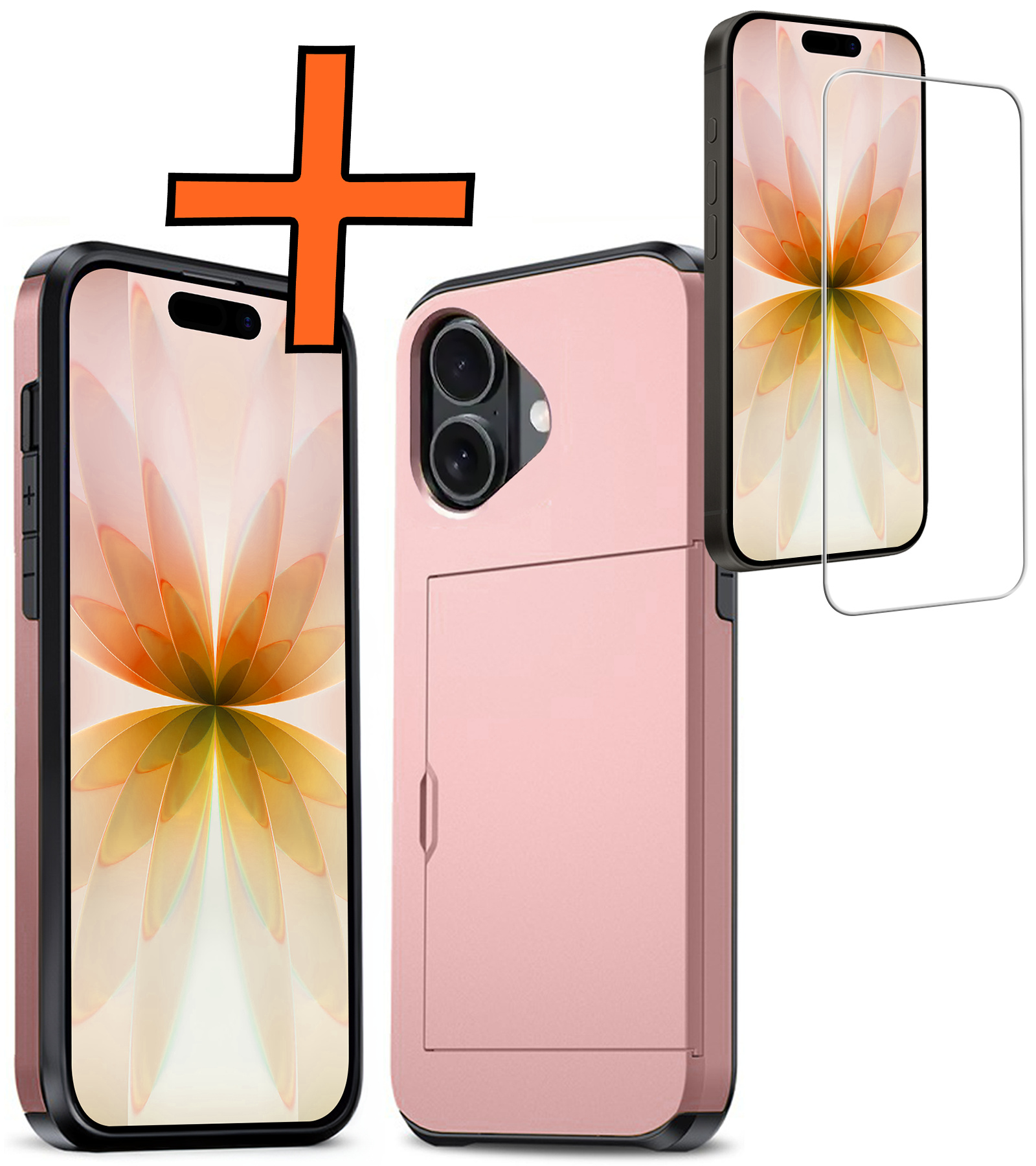 Nomfy Nomfy iPhone 17 Hoesje Pashouder Hard Met Screenprotector - Rosé Goud