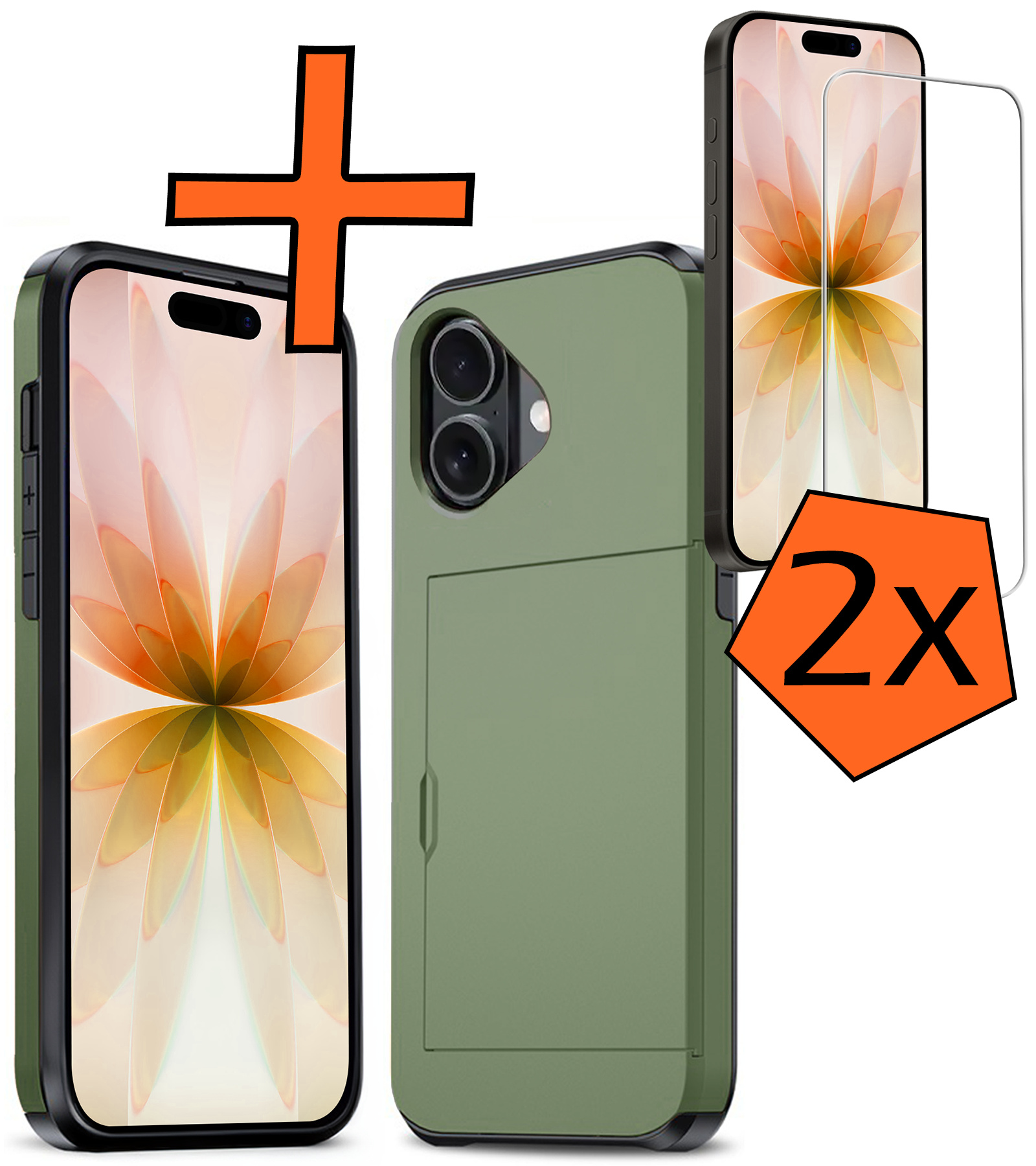Nomfy Nomfy iPhone 17 Hoesje Pashouder Hard Met 2x Screenprotector - Donker Groen