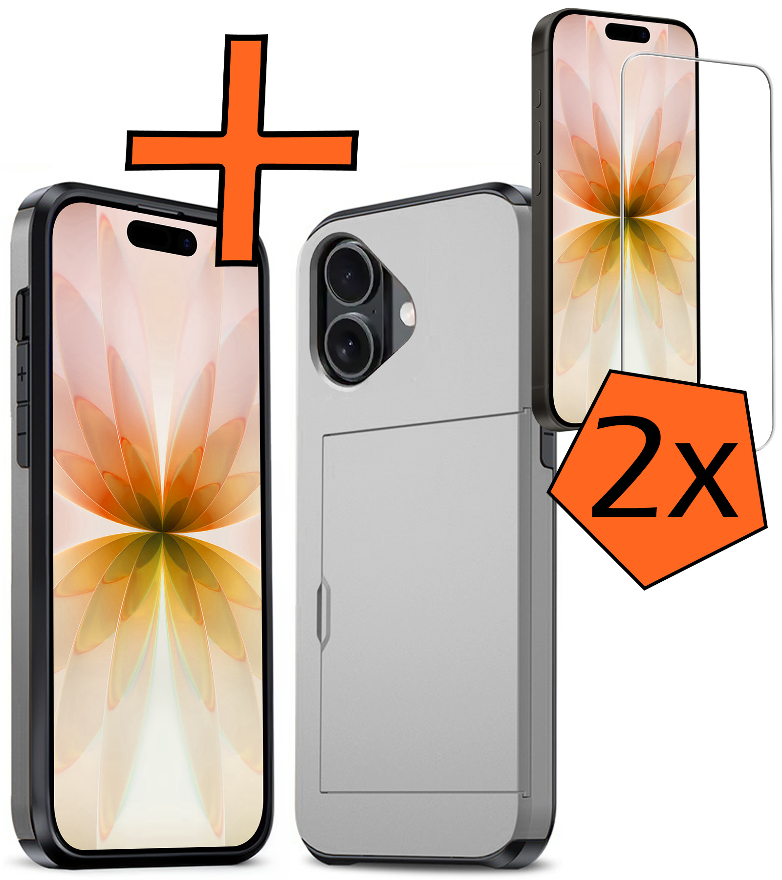 Nomfy Nomfy iPhone 17 Hoesje Pashouder Hard Met 2x Screenprotector - Grijs