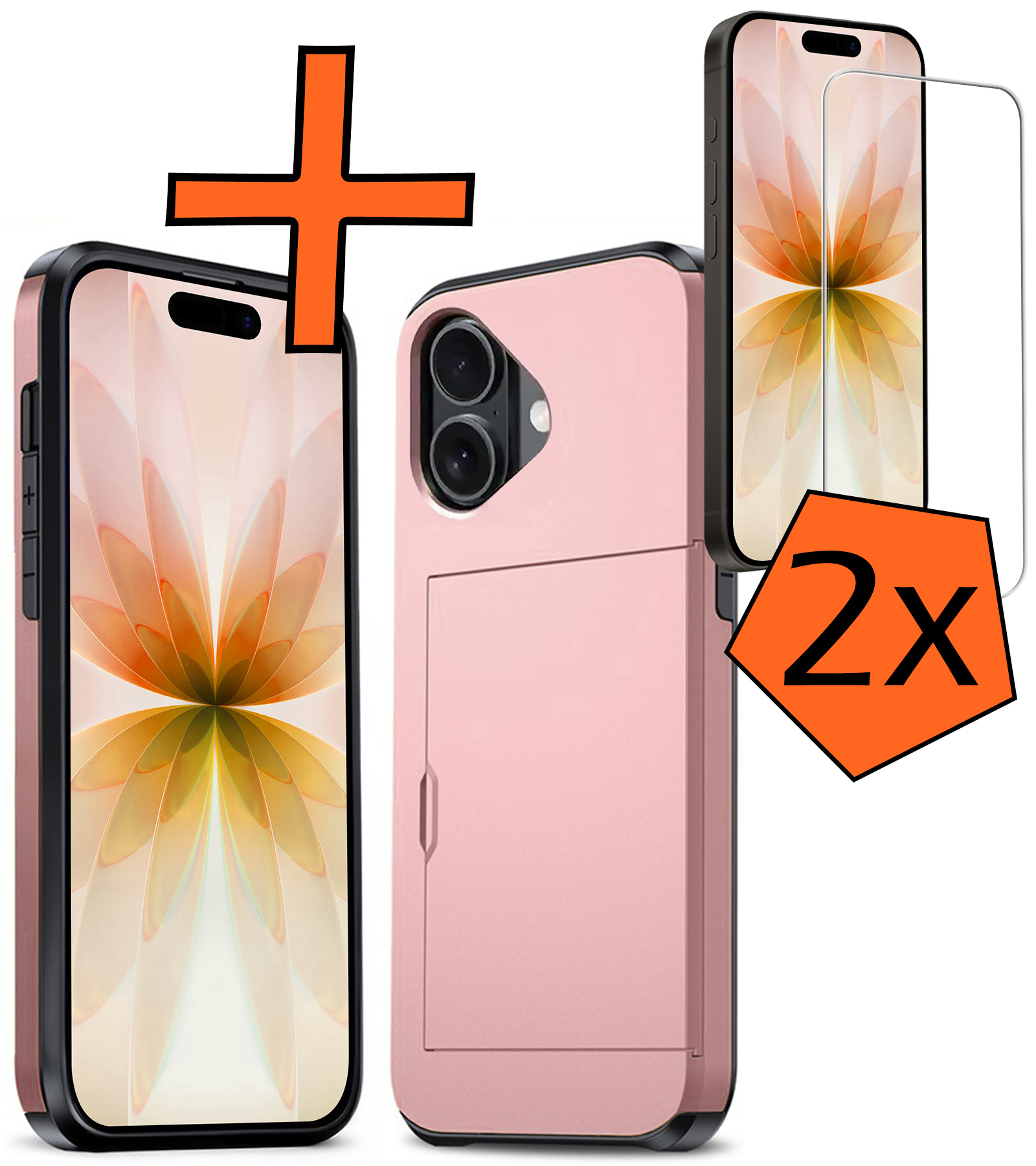 Nomfy Nomfy iPhone 17 Hoesje Pashouder Hard Met 2x Screenprotector - Rosé Goud