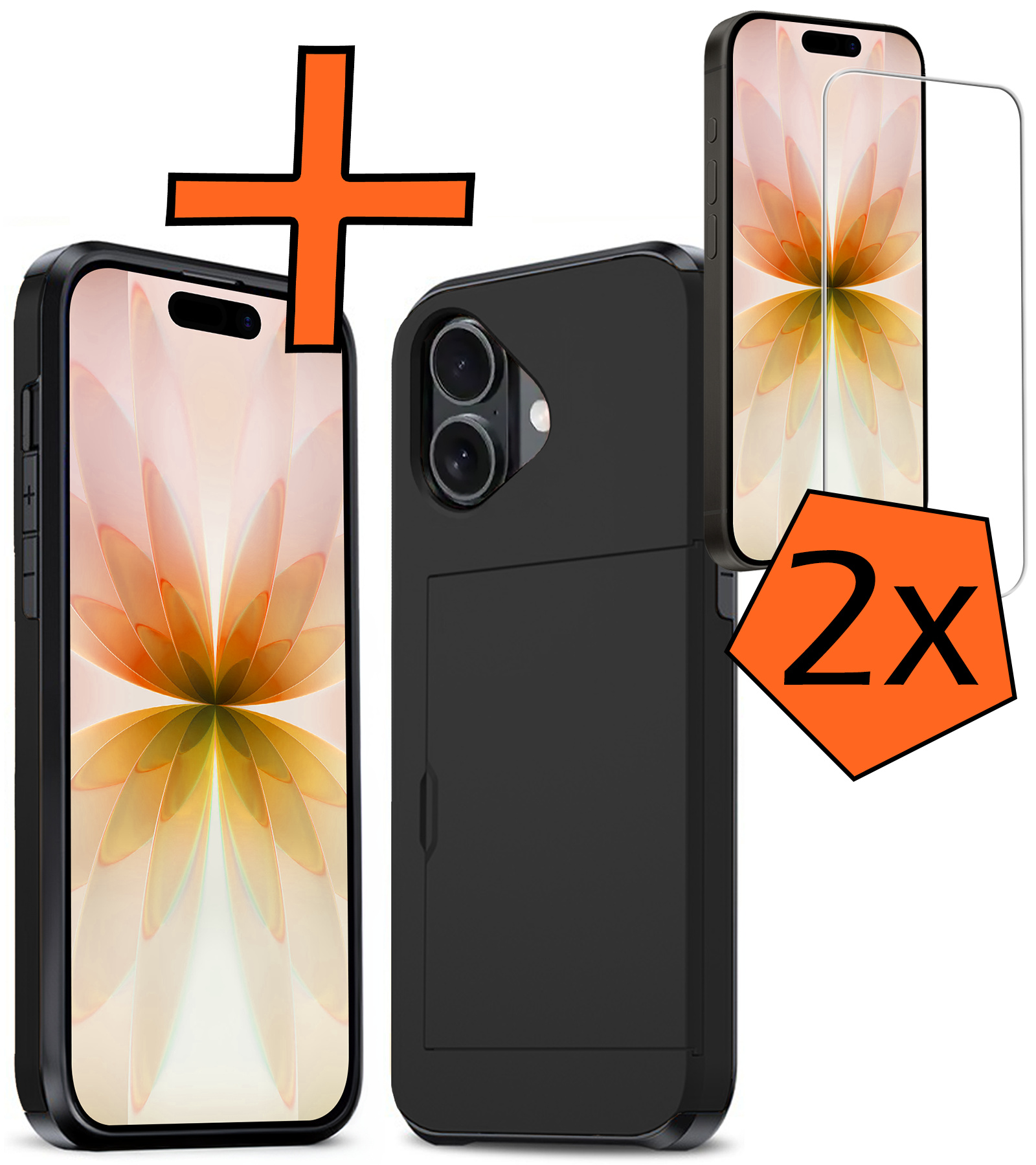 Nomfy Nomfy iPhone 17 Hoesje Pashouder Hard Met 2x Screenprotector - Zwart