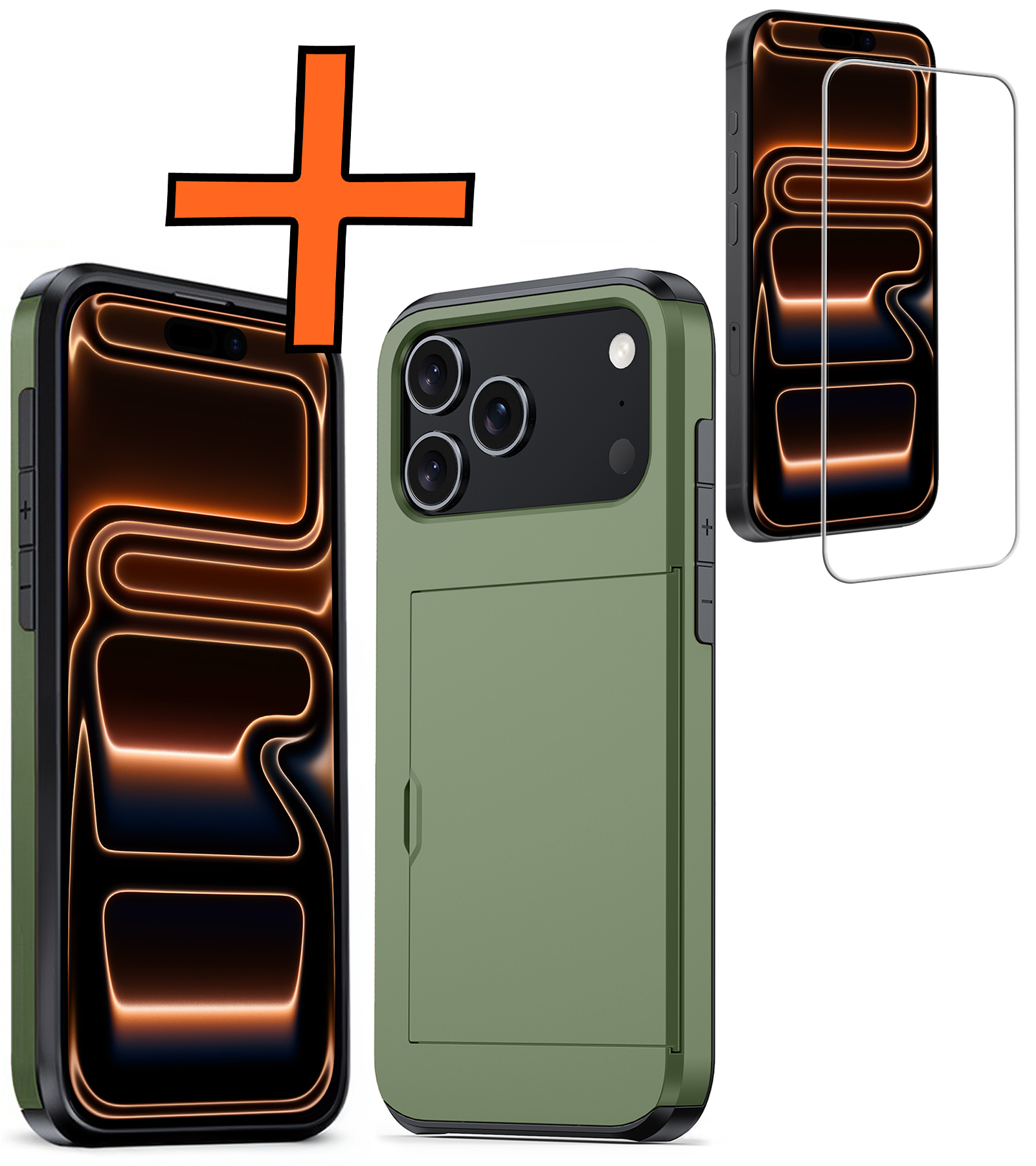 Nomfy Nomfy iPhone 17 Pro Hoesje Pashouder Hard Met Screenprotector - Donker Groen