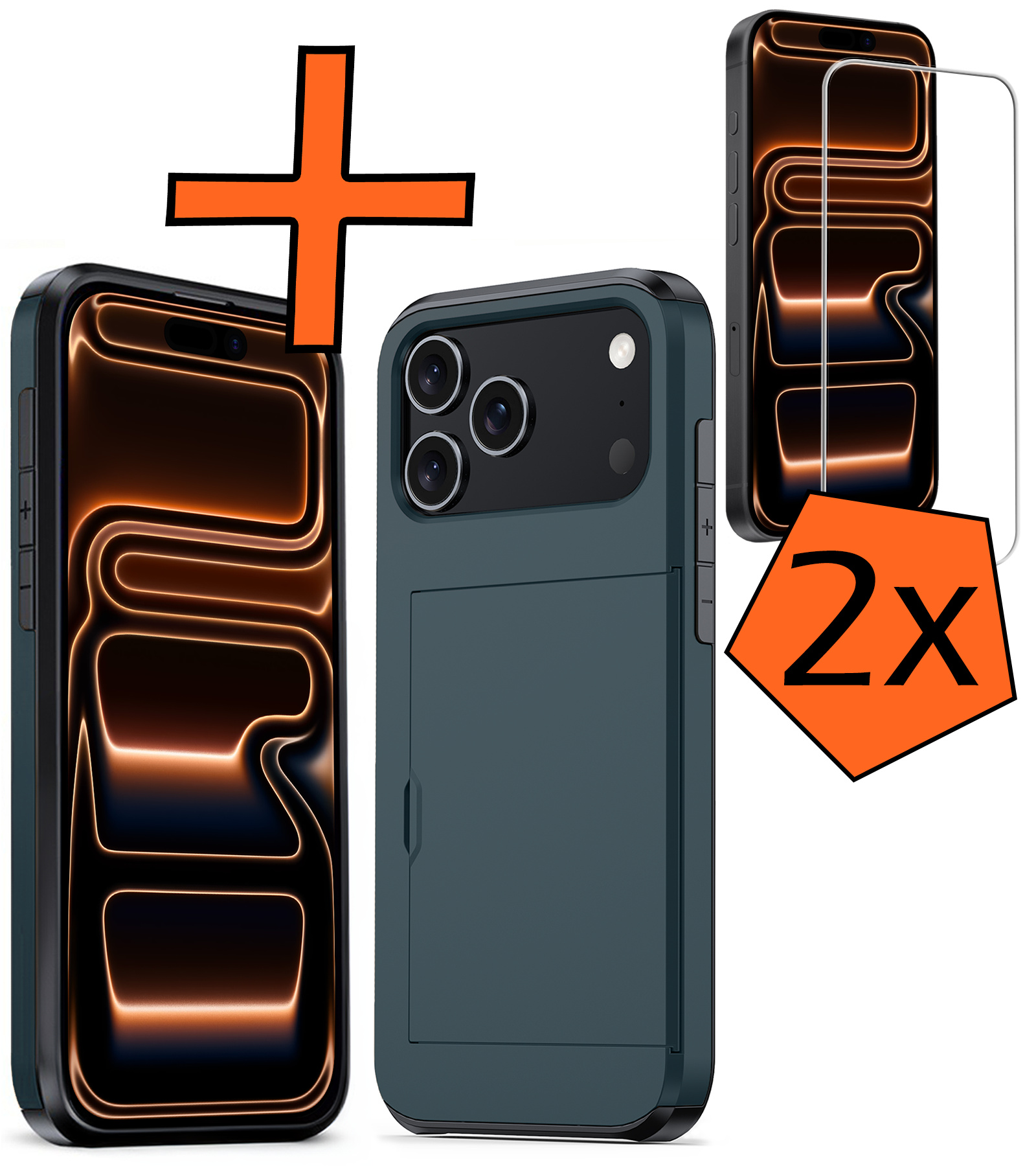 Nomfy Nomfy iPhone 17 Pro Hoesje Pashouder Hard Met 2x Screenprotector - Donker Blauw