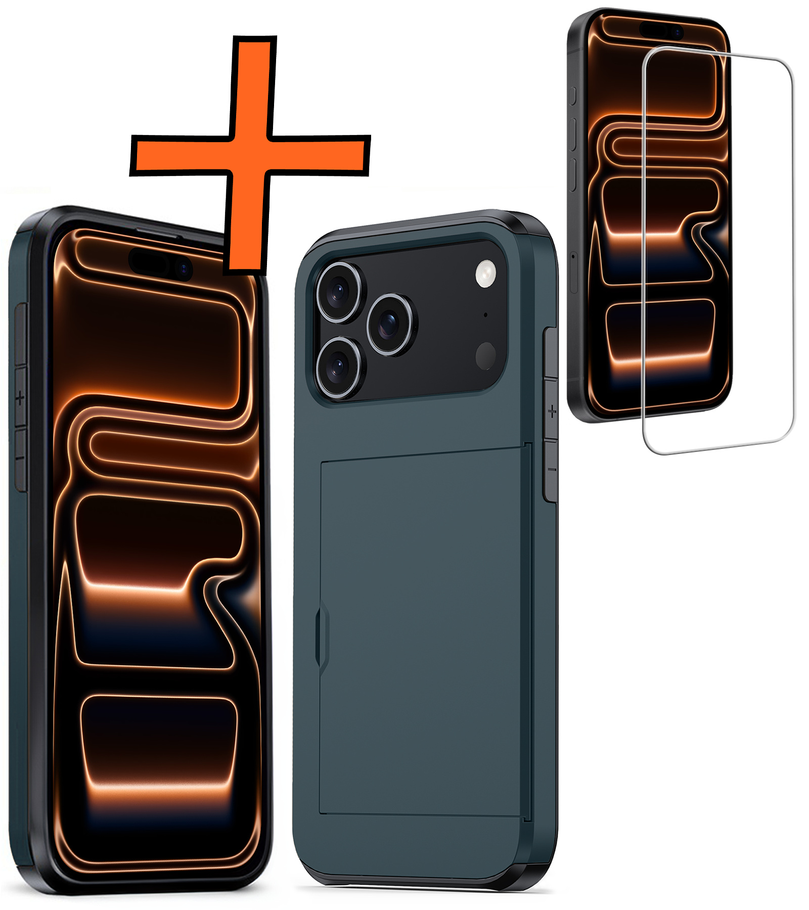 Nomfy Nomfy iPhone 17 Pro Max Hoesje Pashouder Hard Met Screenprotector - Donker Blauw