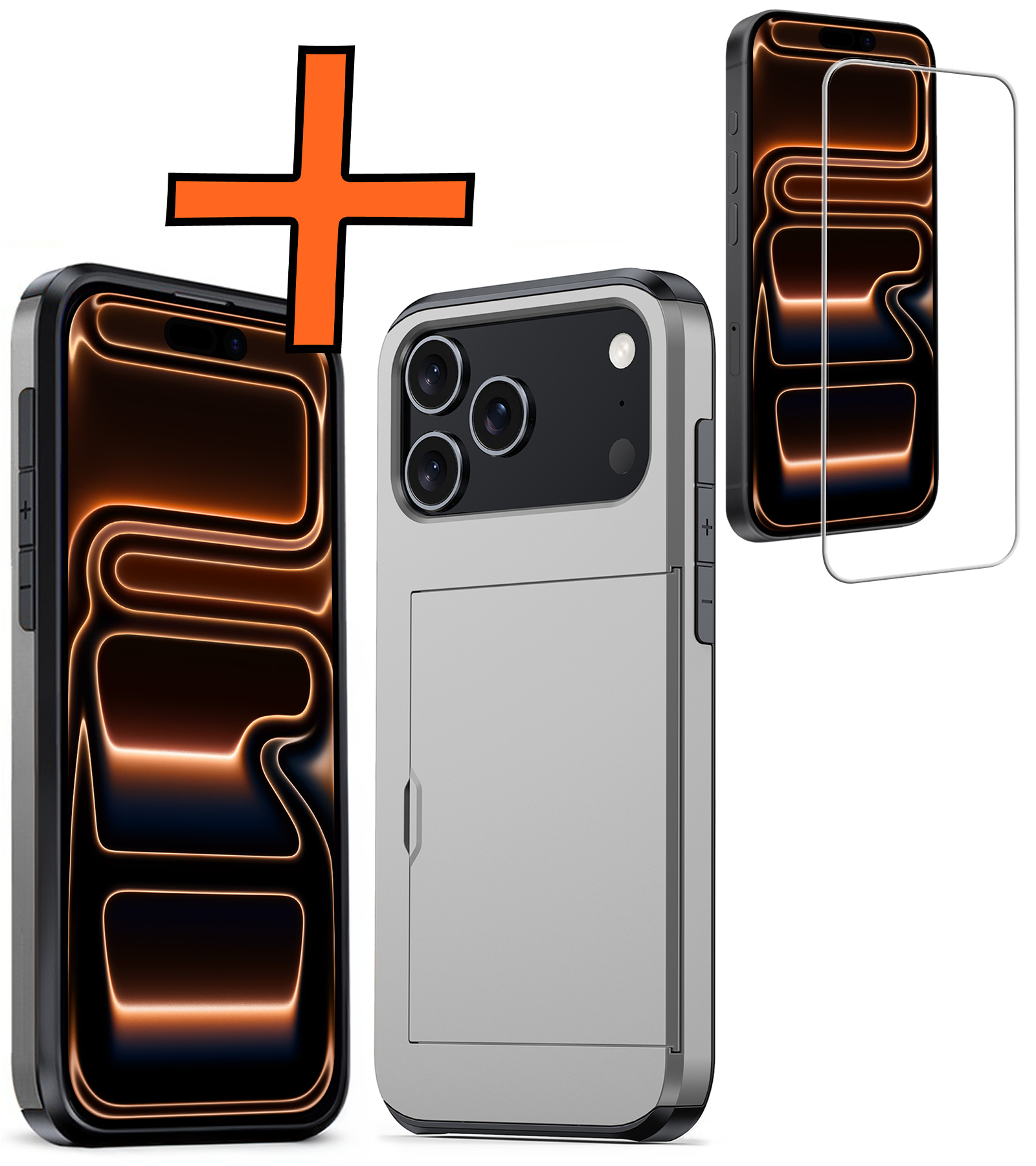 Nomfy Nomfy iPhone 17 Pro Max Hoesje Pashouder Hard Met Screenprotector - Grijs