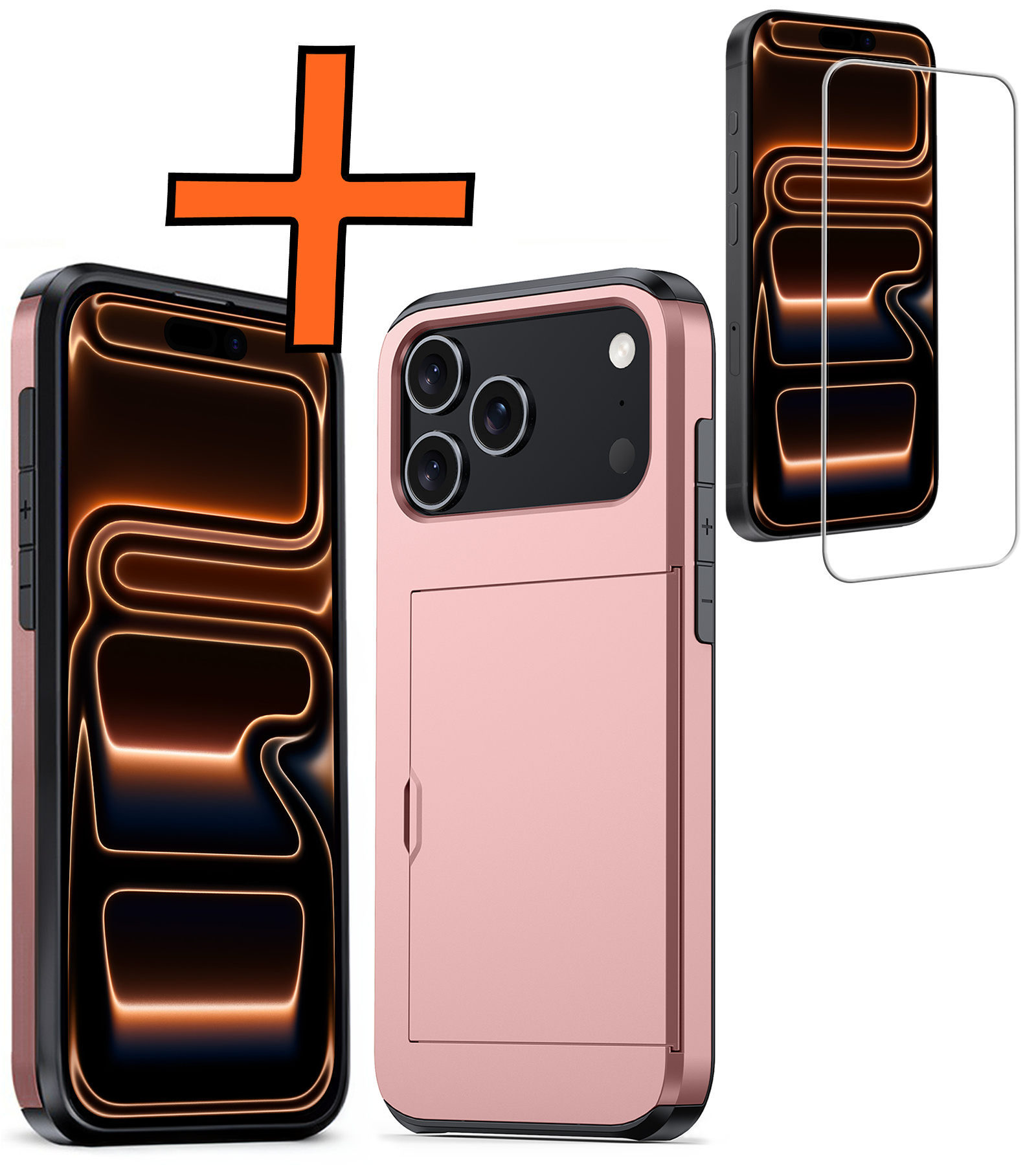 Nomfy Nomfy iPhone 17 Pro Max Hoesje Pashouder Hard Met Screenprotector - Rosé Goud