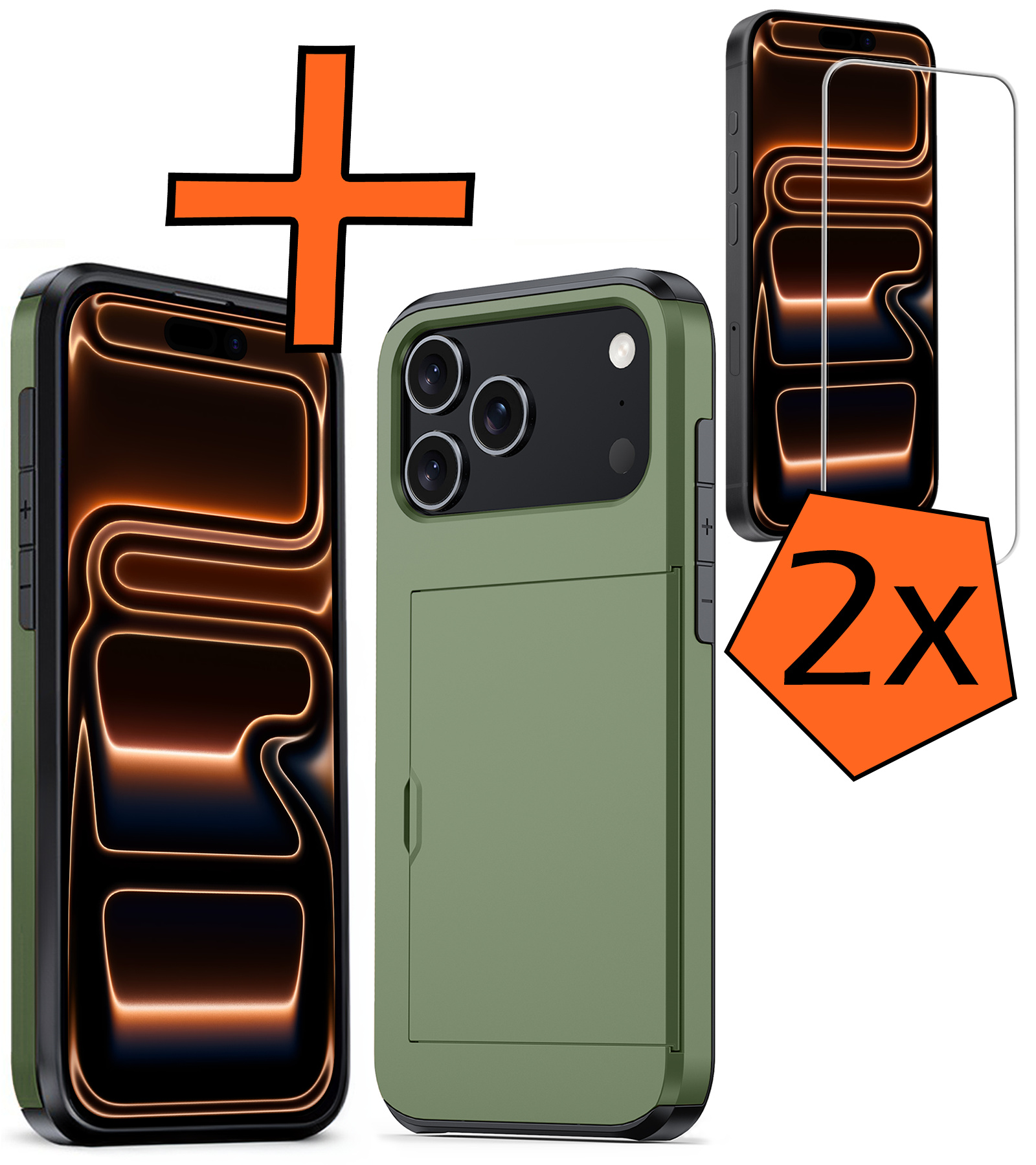 Nomfy Nomfy iPhone 17 Pro Max Hoesje Pashouder Hard Met 2x Screenprotector - Donker Groen