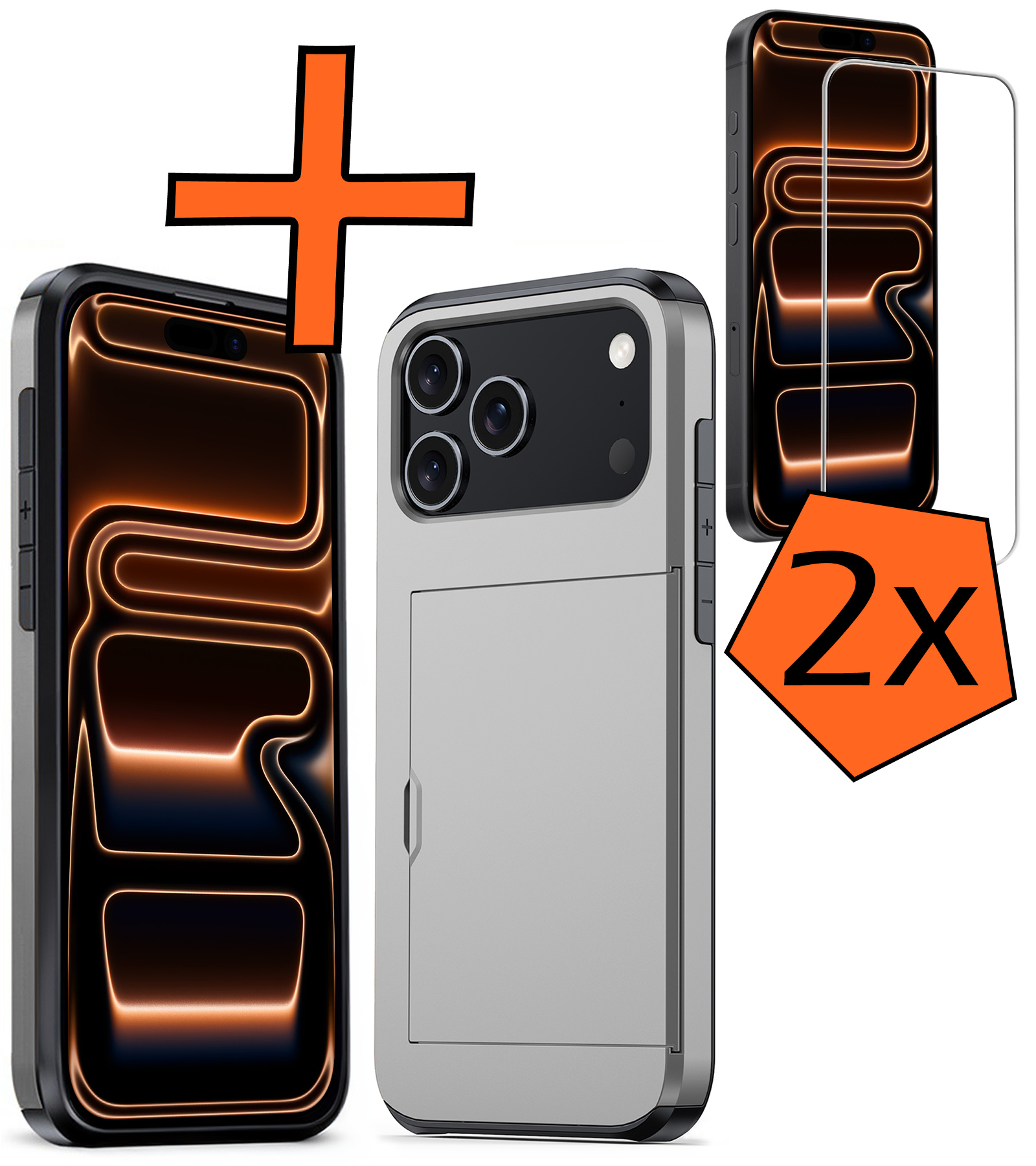 Nomfy Nomfy iPhone 17 Pro Max Hoesje Pashouder Hard Met 2x Screenprotector - Grijs