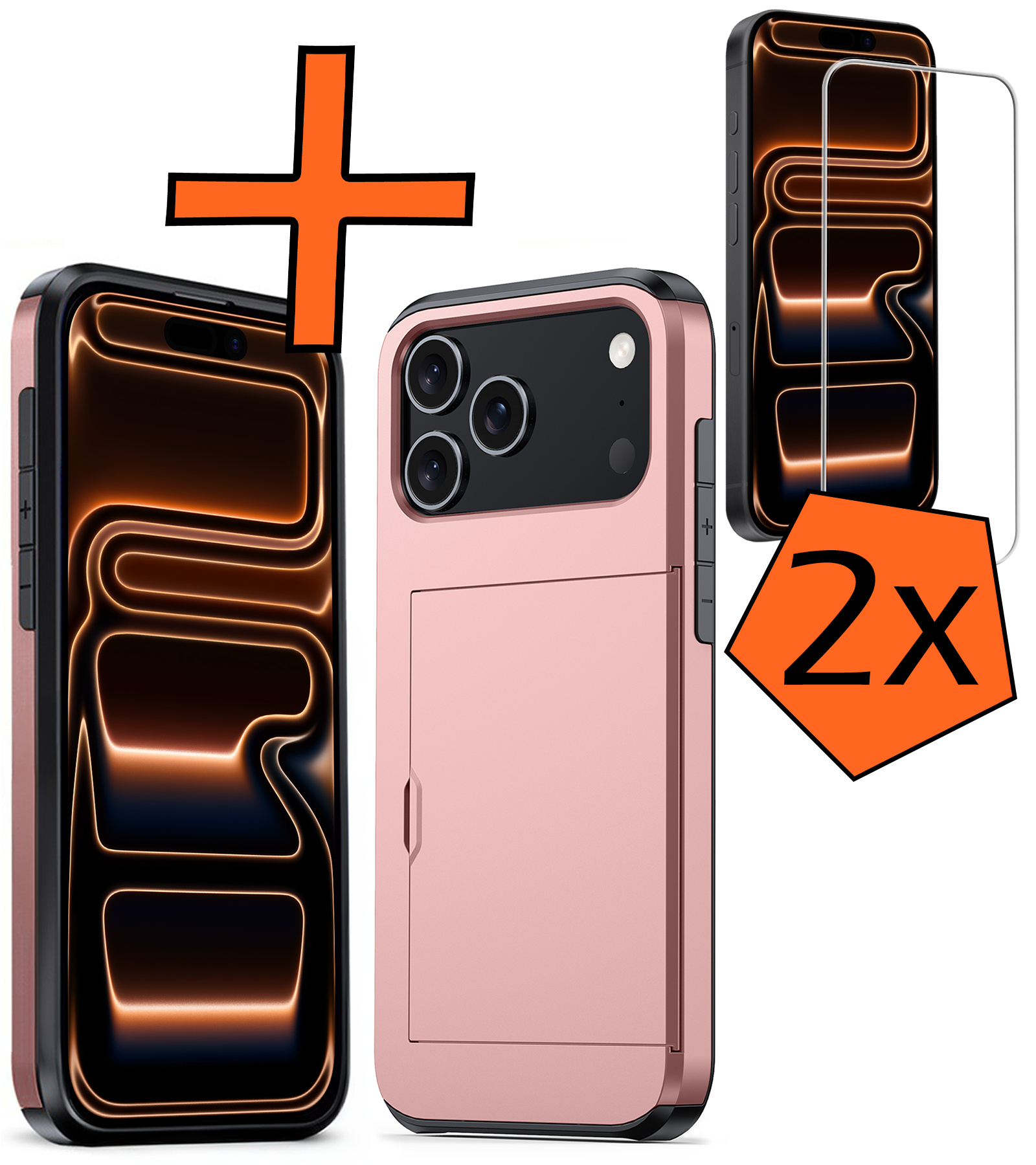 Nomfy Nomfy iPhone 17 Pro Max Hoesje Pashouder Hard Met 2x Screenprotector - Rosé Goud