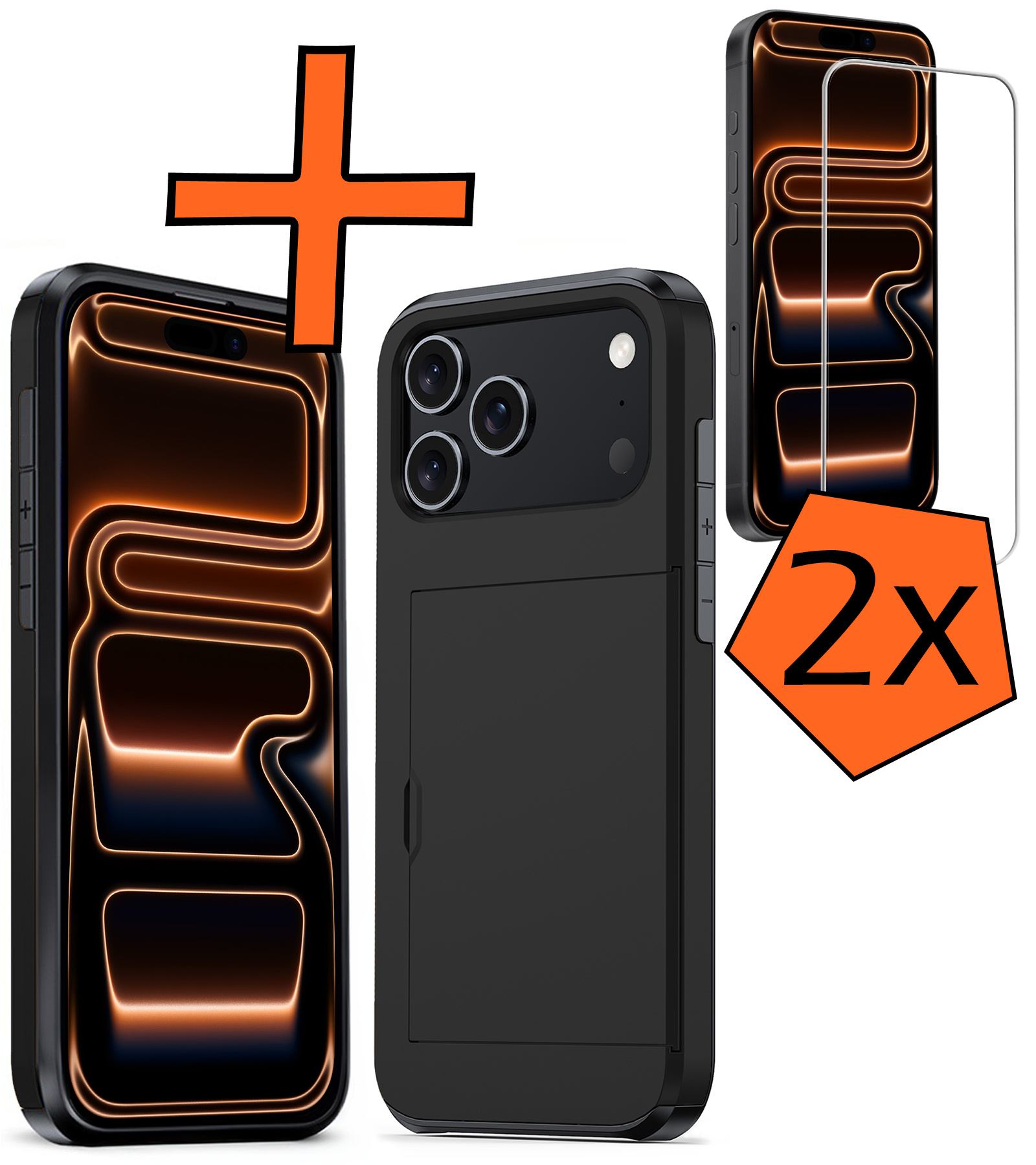 Nomfy Nomfy iPhone 17 Pro Max Hoesje Pashouder Hard Met 2x Screenprotector - Zwart