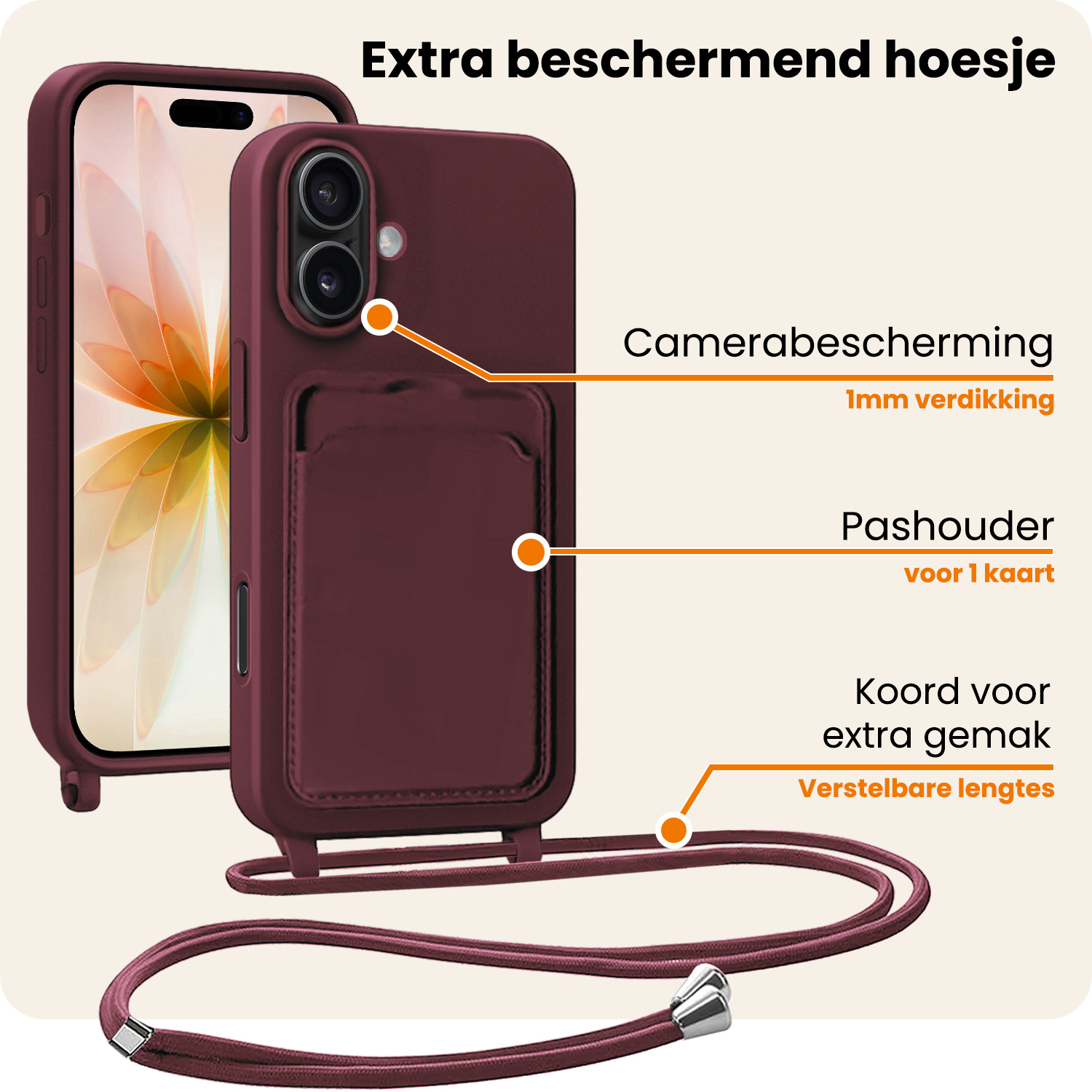 Nomfy Nomfy iPhone 17 Hoesje Pashouder met Koord - Aubergine - 2 PACK