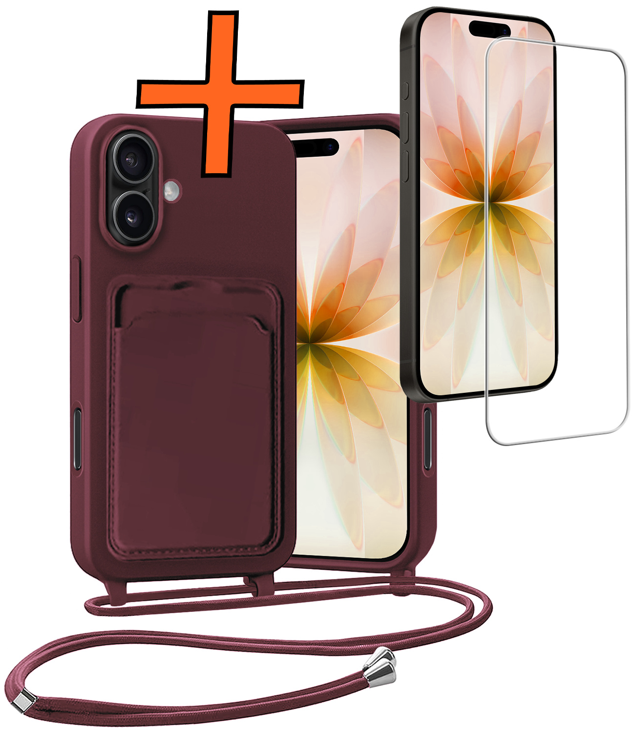 Nomfy Nomfy iPhone 17 Hoesje Pashouder met Koord Met Screenprotector - Aubergine