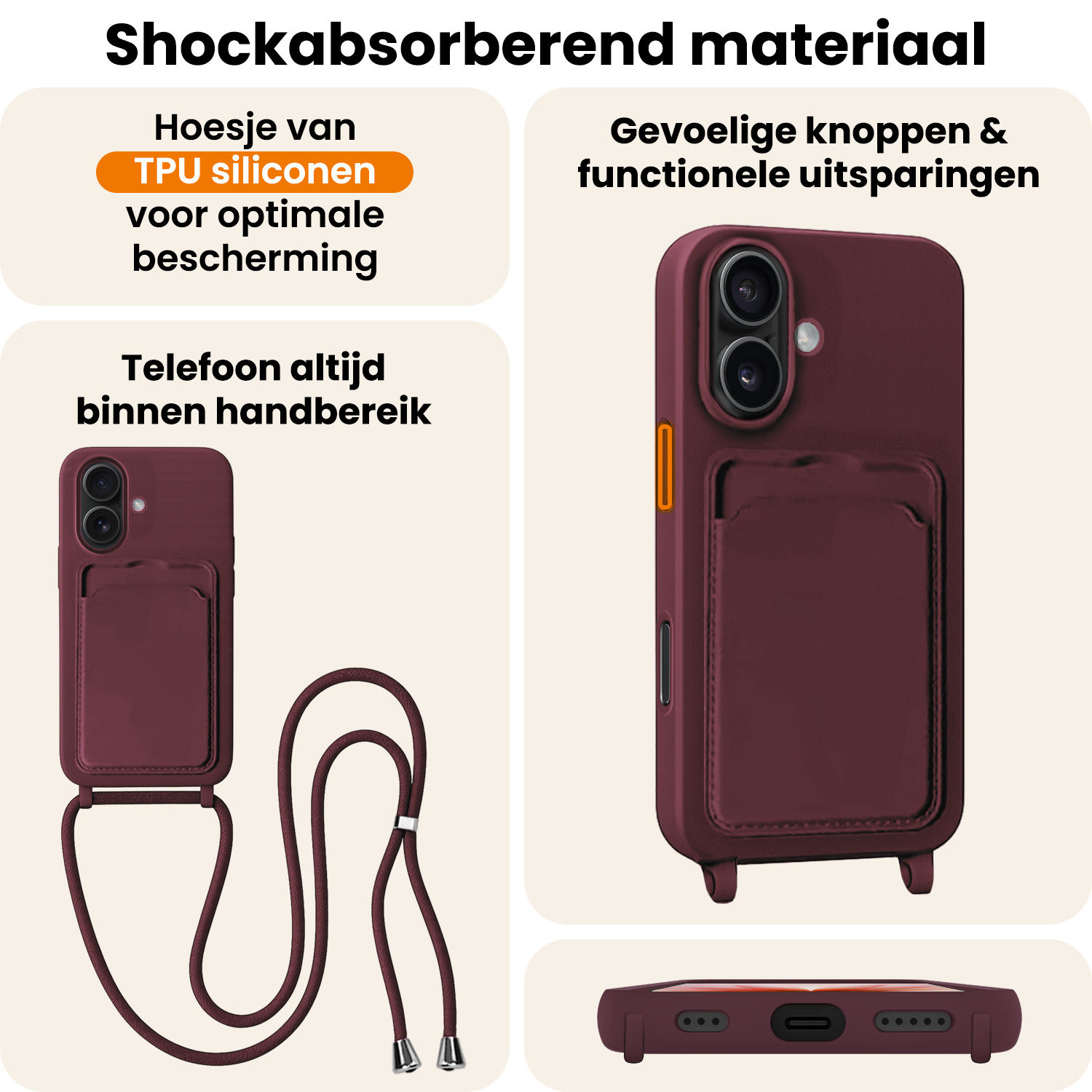 Nomfy Nomfy iPhone 17 Hoesje Pashouder met Koord Met Screenprotector - Aubergine