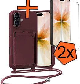 Nomfy Nomfy iPhone 17 Hoesje Pashouder met Koord Met 2x Screenprotector - Aubergine
