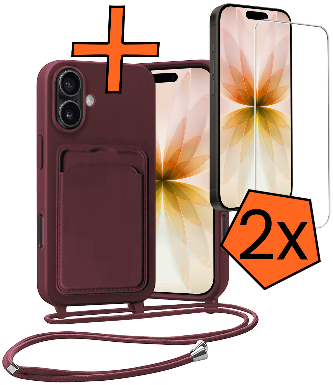 Nomfy Nomfy iPhone 17 Hoesje Pashouder met Koord Met 2x Screenprotector - Aubergine